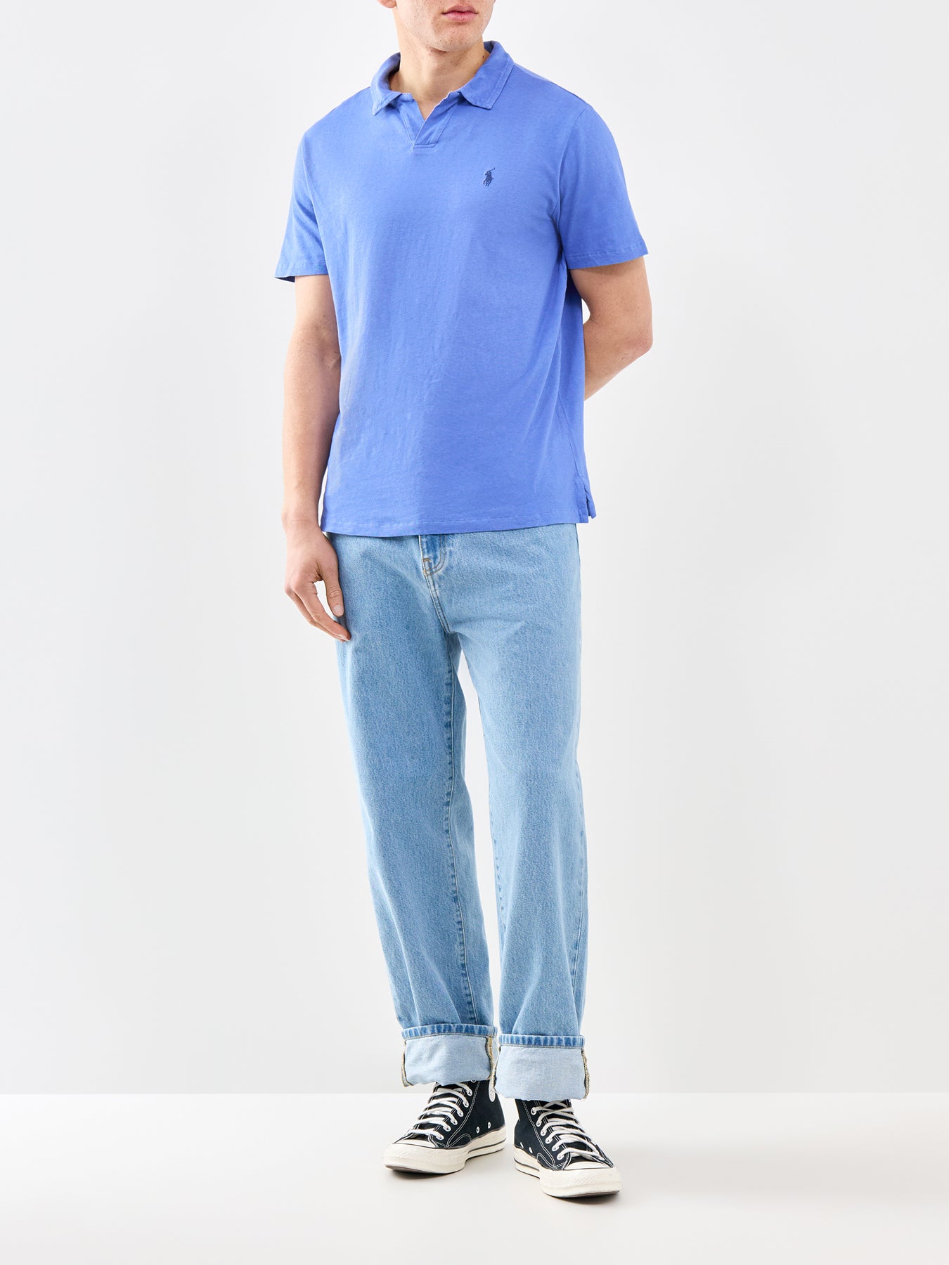 Open Neck Linen Polo Shirt Blue