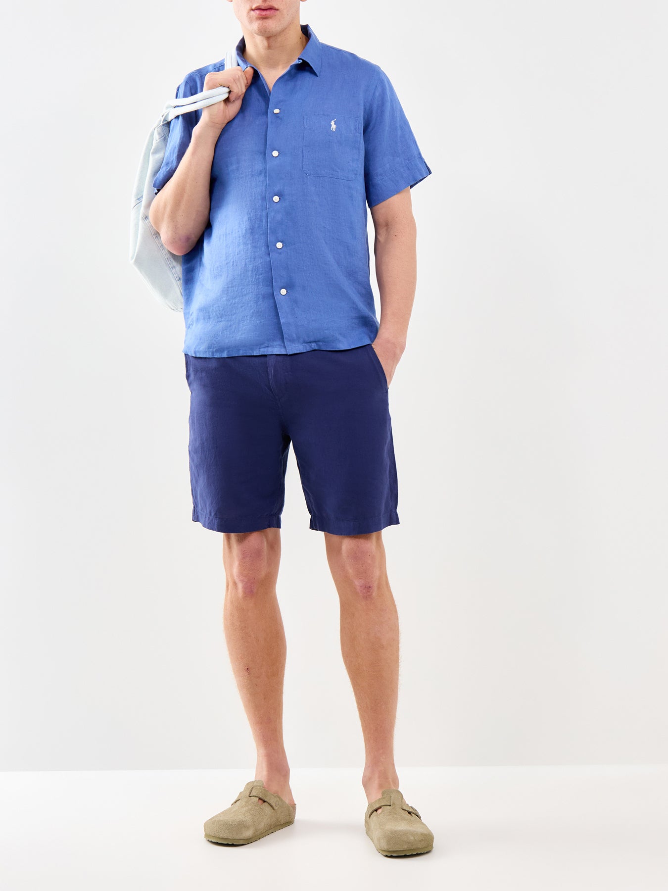 Open Collar Linen Shirt Blue
