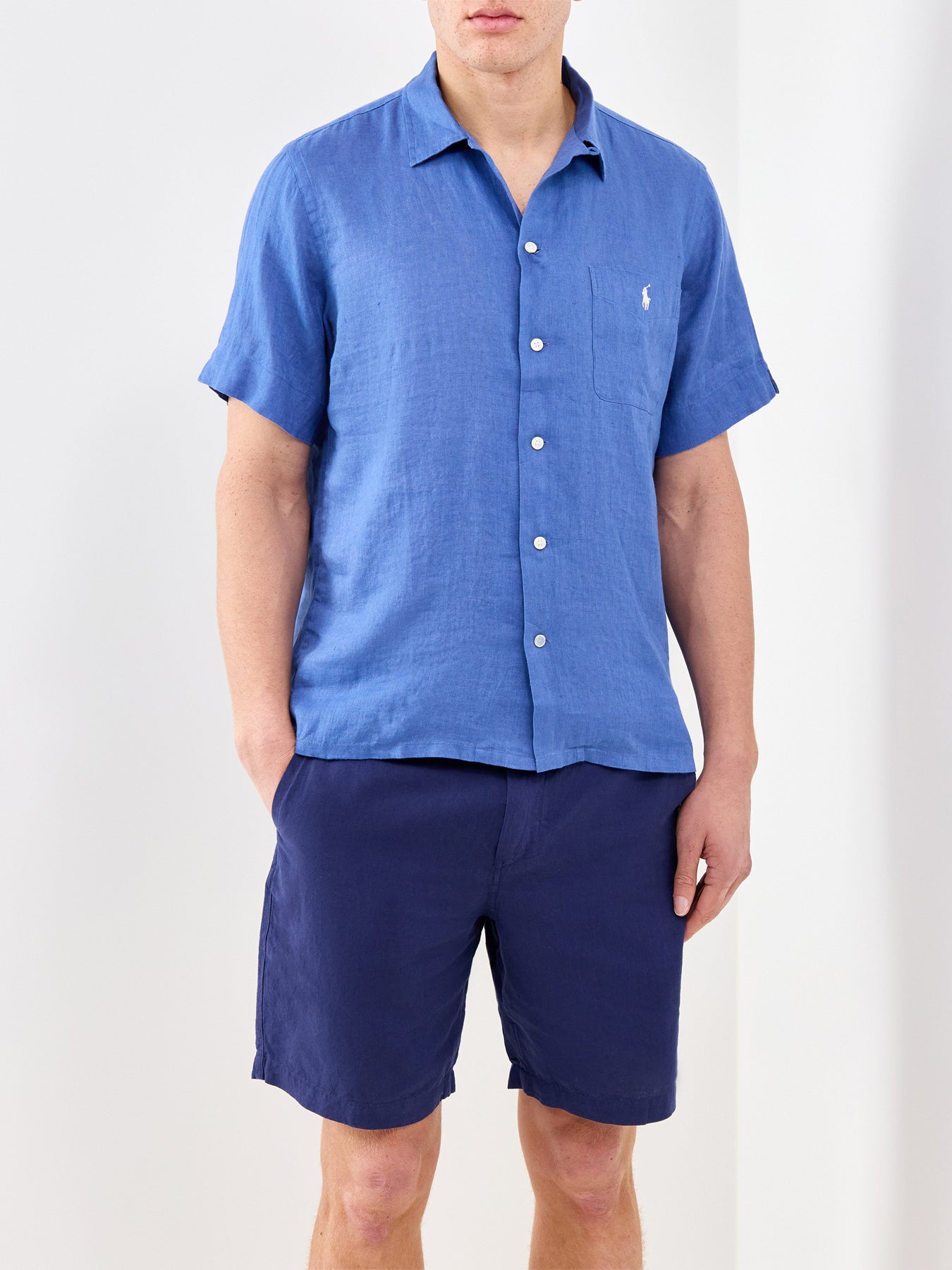 Open Collar Linen Shirt Blue