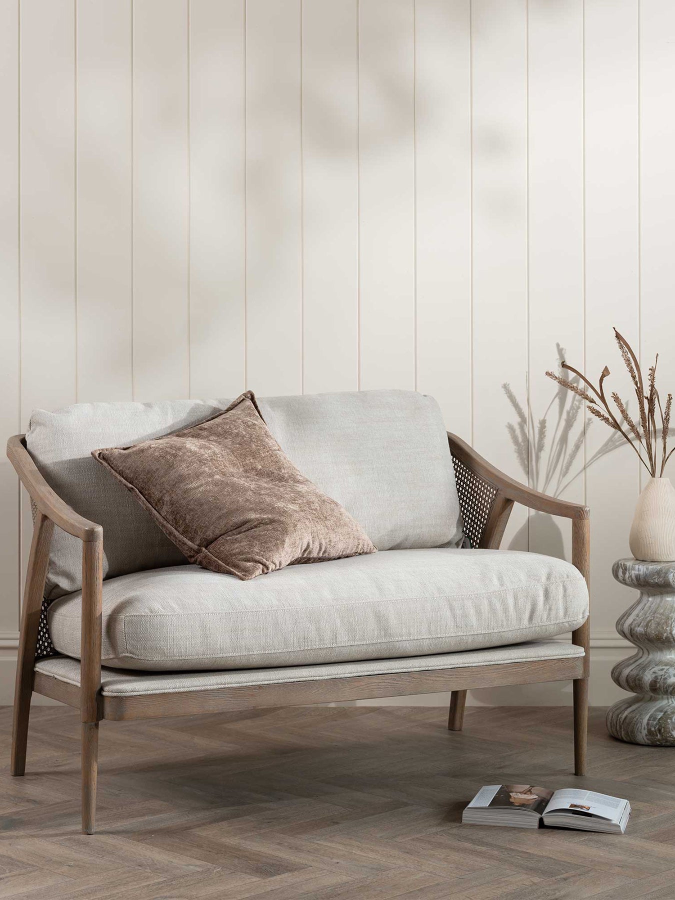 Pascal Beige Fabric 2-Seater Sofa with Rattan Sides