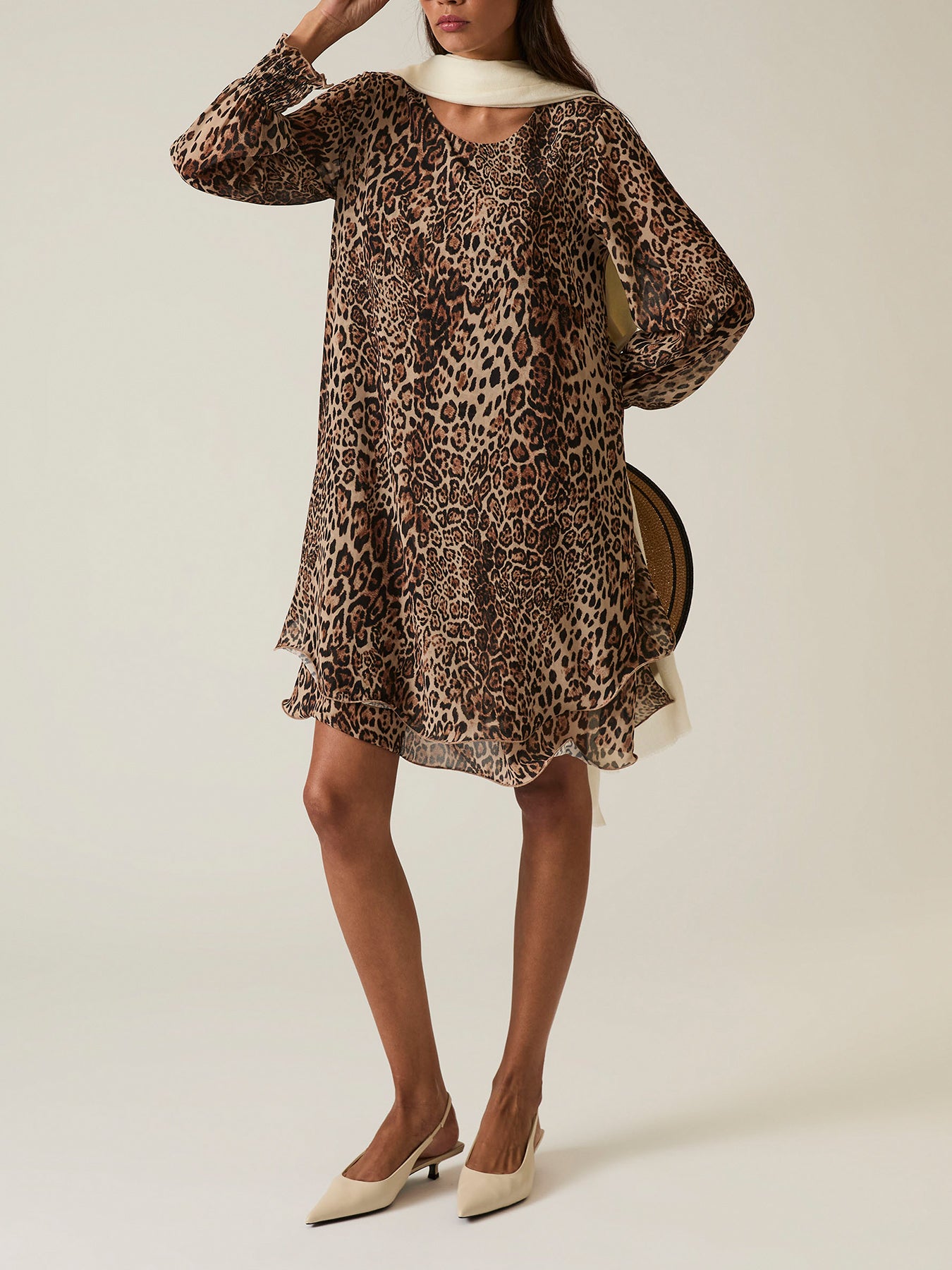 Leopard Wave Hem Midi Dress Brown