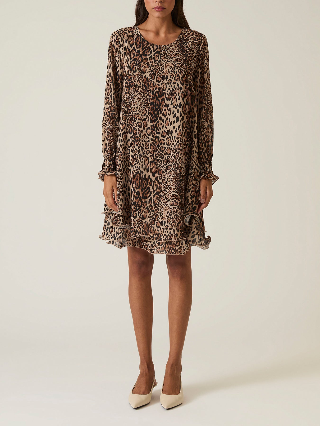 Leopard Wave Hem Midi Dress Brown