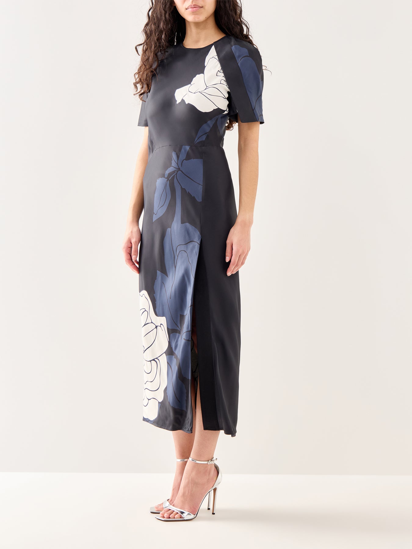 Split Hem Detail Midi Dress Dark Navy Pale Rose