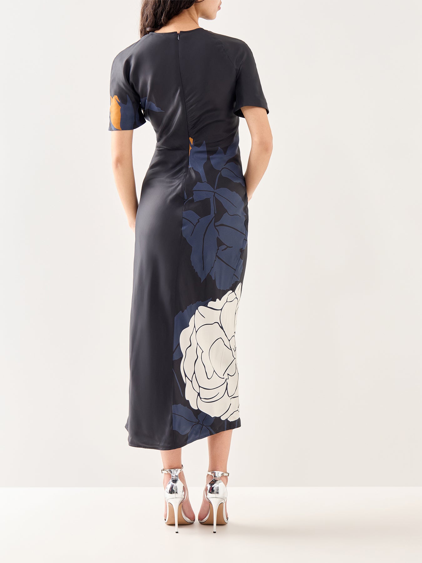 Split Hem Detail Midi Dress Dark Navy Pale Rose