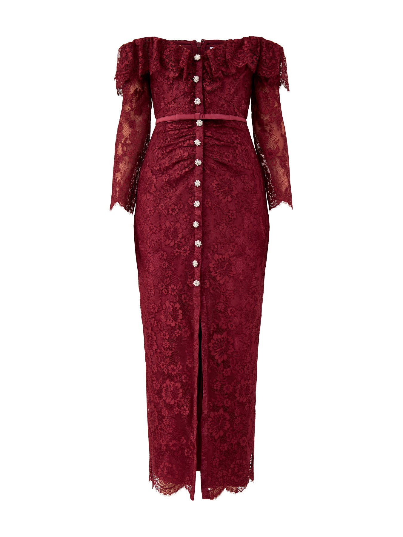 Burgundy Off Shoulder Gathered Lace Maxi Dress