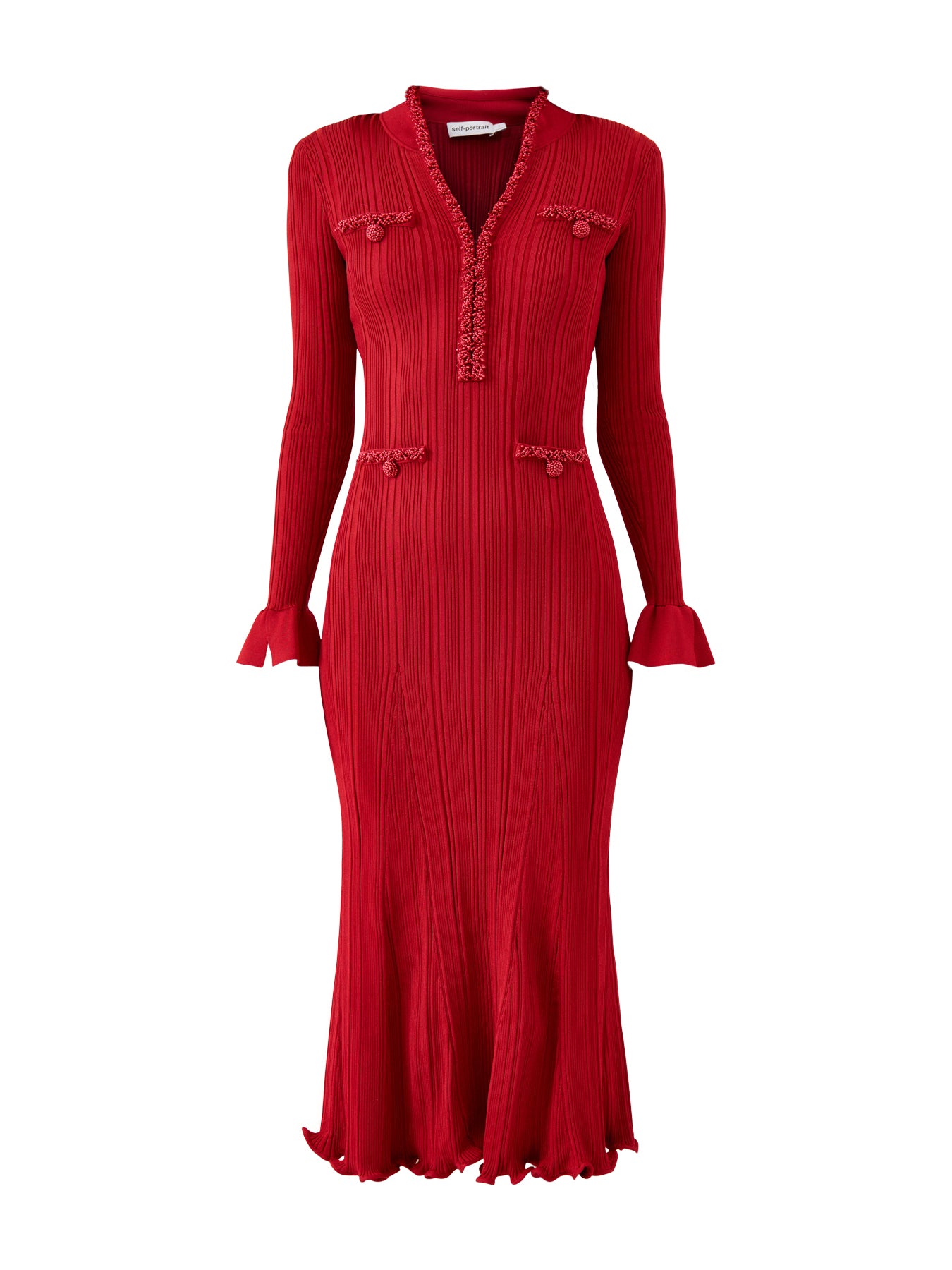 Red Pearl Trim Knit Midi Dress Red