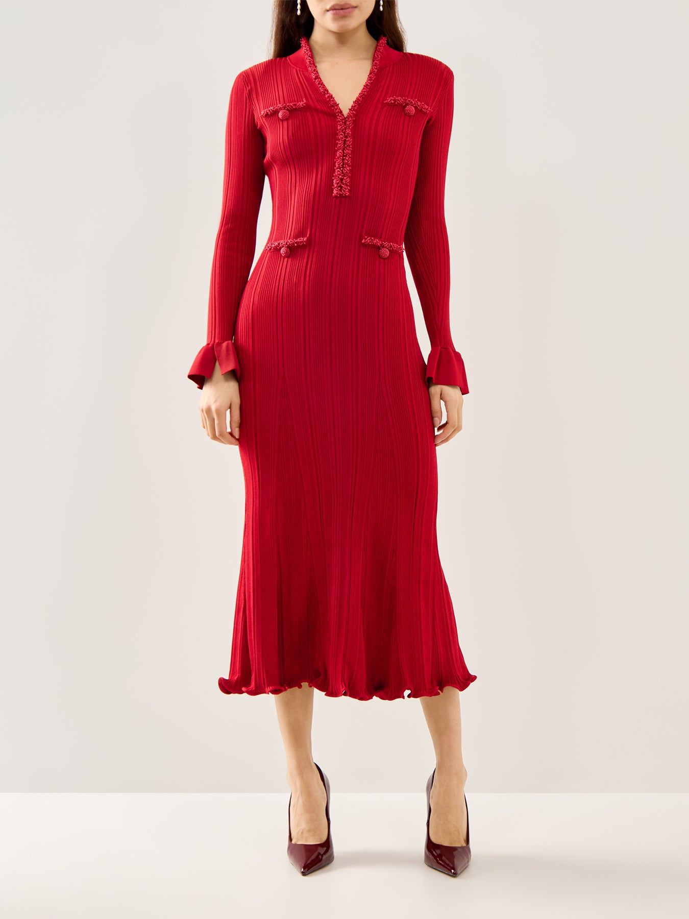 Red Pearl Trim Knit Midi Dress Red
