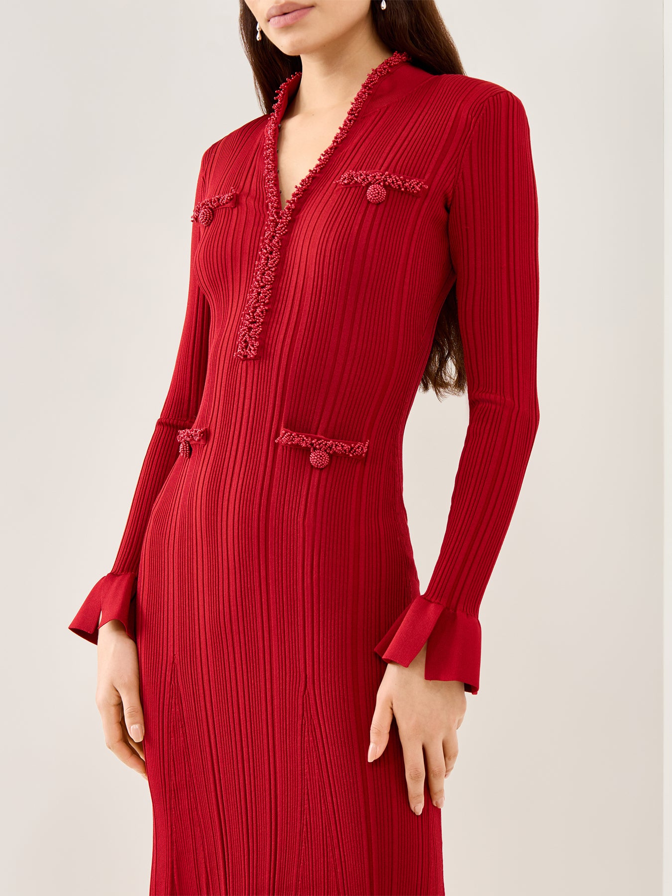 Red Pearl Trim Knit Midi Dress Red
