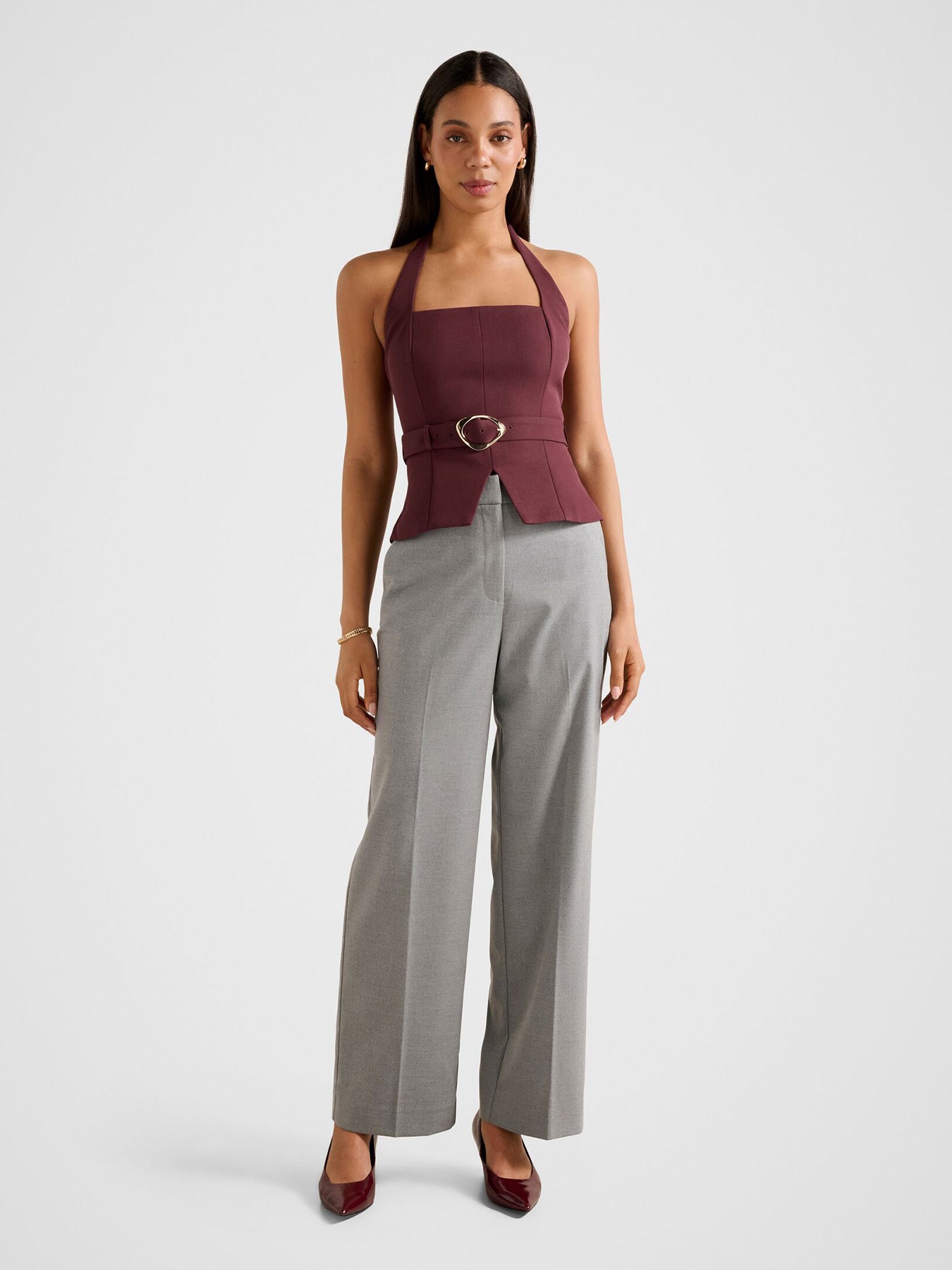 Ellisa Belted Hardware Long Sleeve Top Red