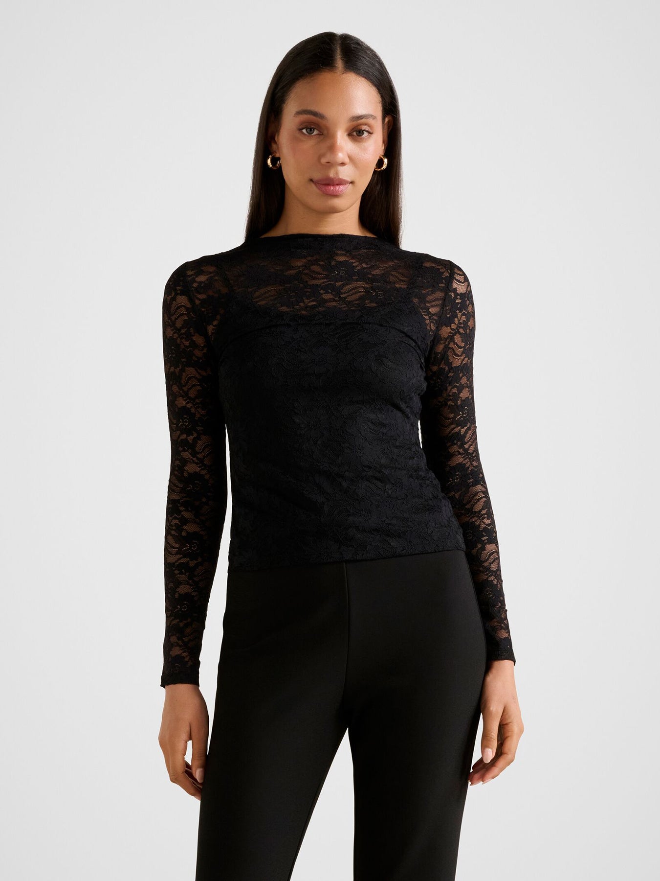 Henley High Neck Lace Top Black