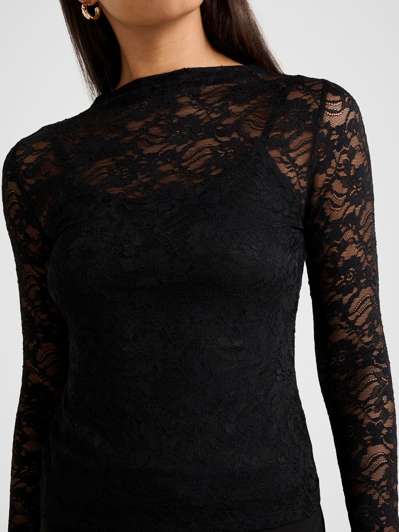 Henley High Neck Lace Top Black