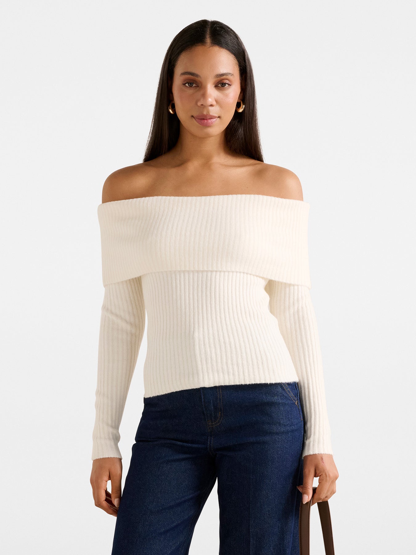 Ashley Ribbed Bardot Top Beige