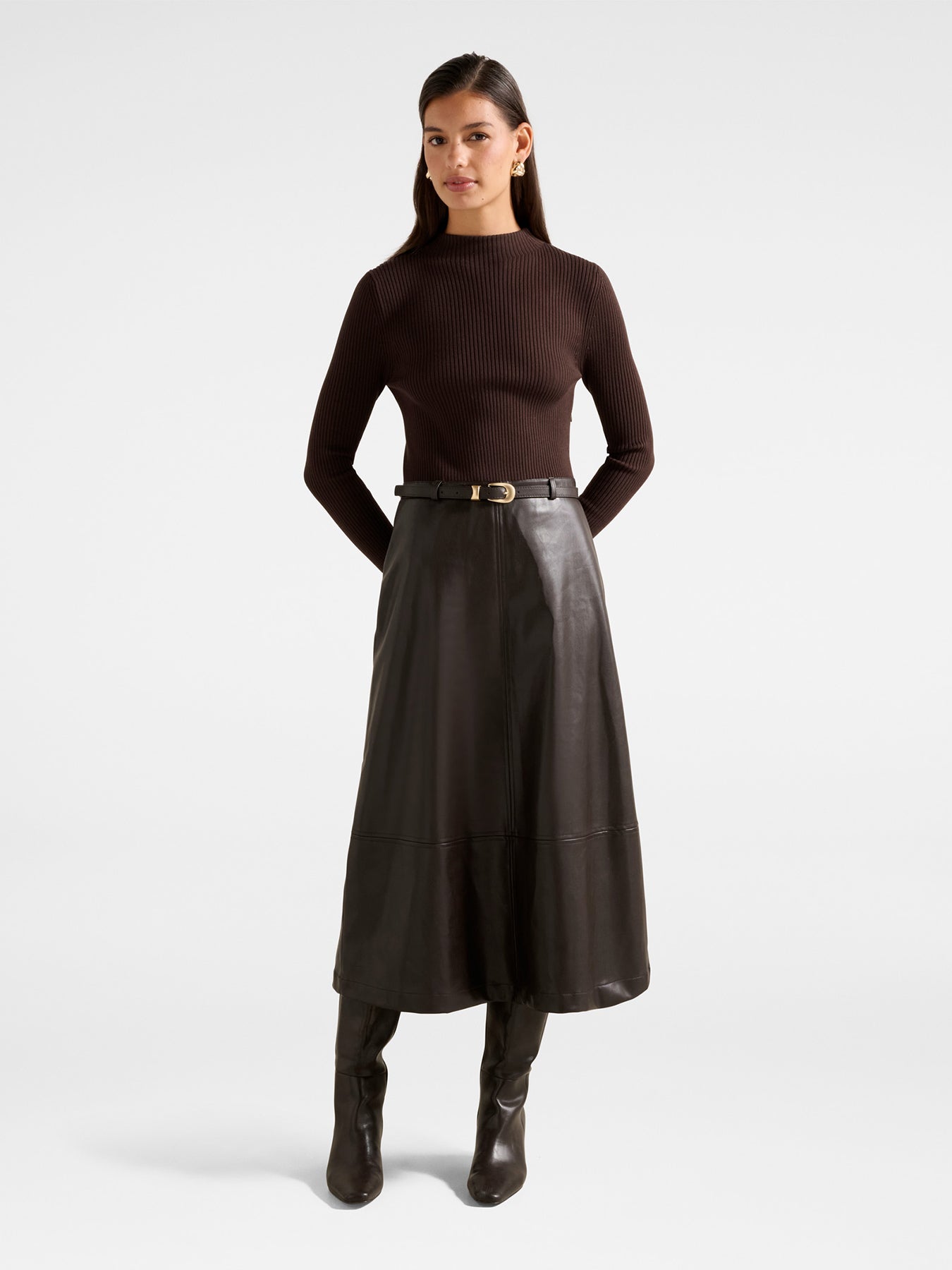 Brooklyn Vegan Leather A Line Midi Dress Brown