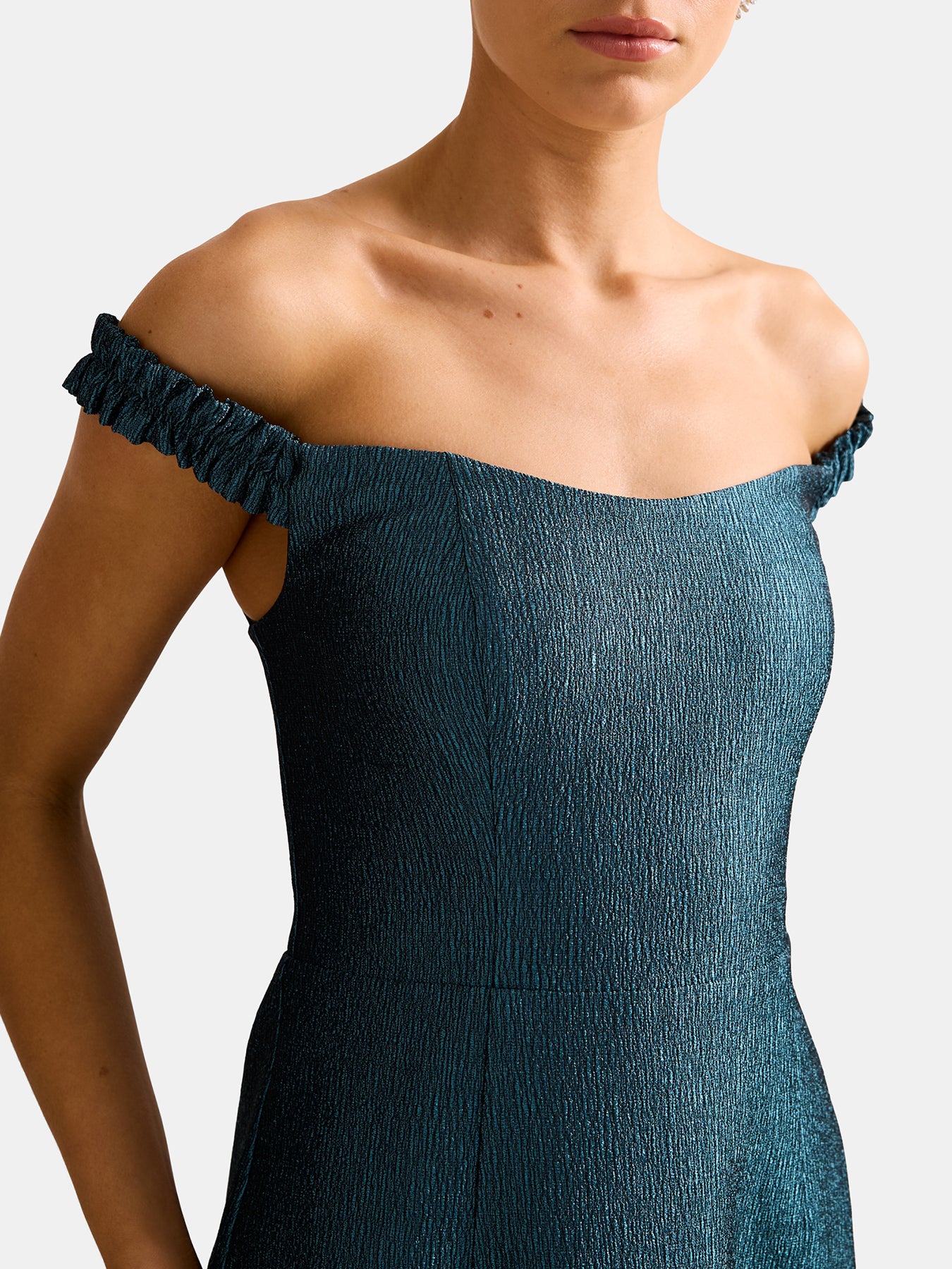 Mindy Bardot Ruffle Midi Dress Green