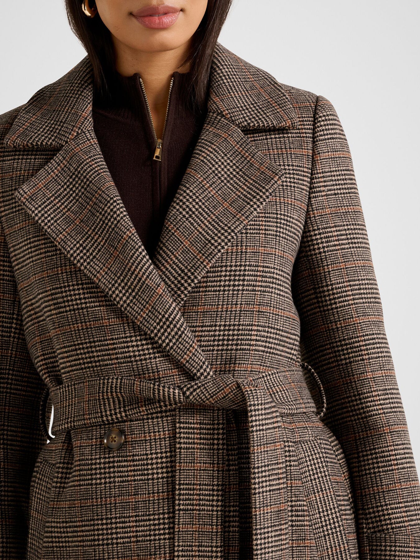 Luccia Belted Check Coat Brown