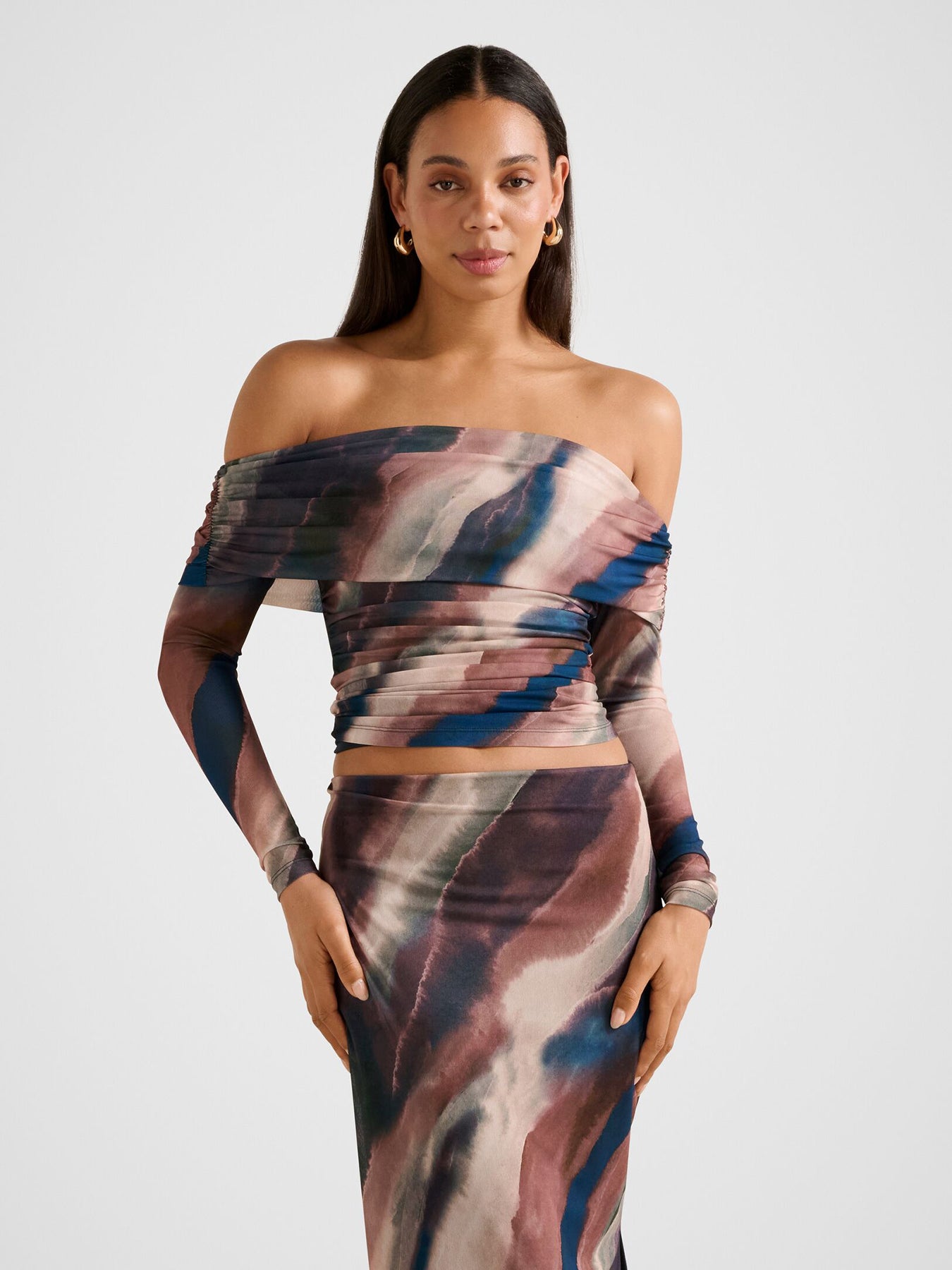 Kaia Ruched Mesh Bardot Top