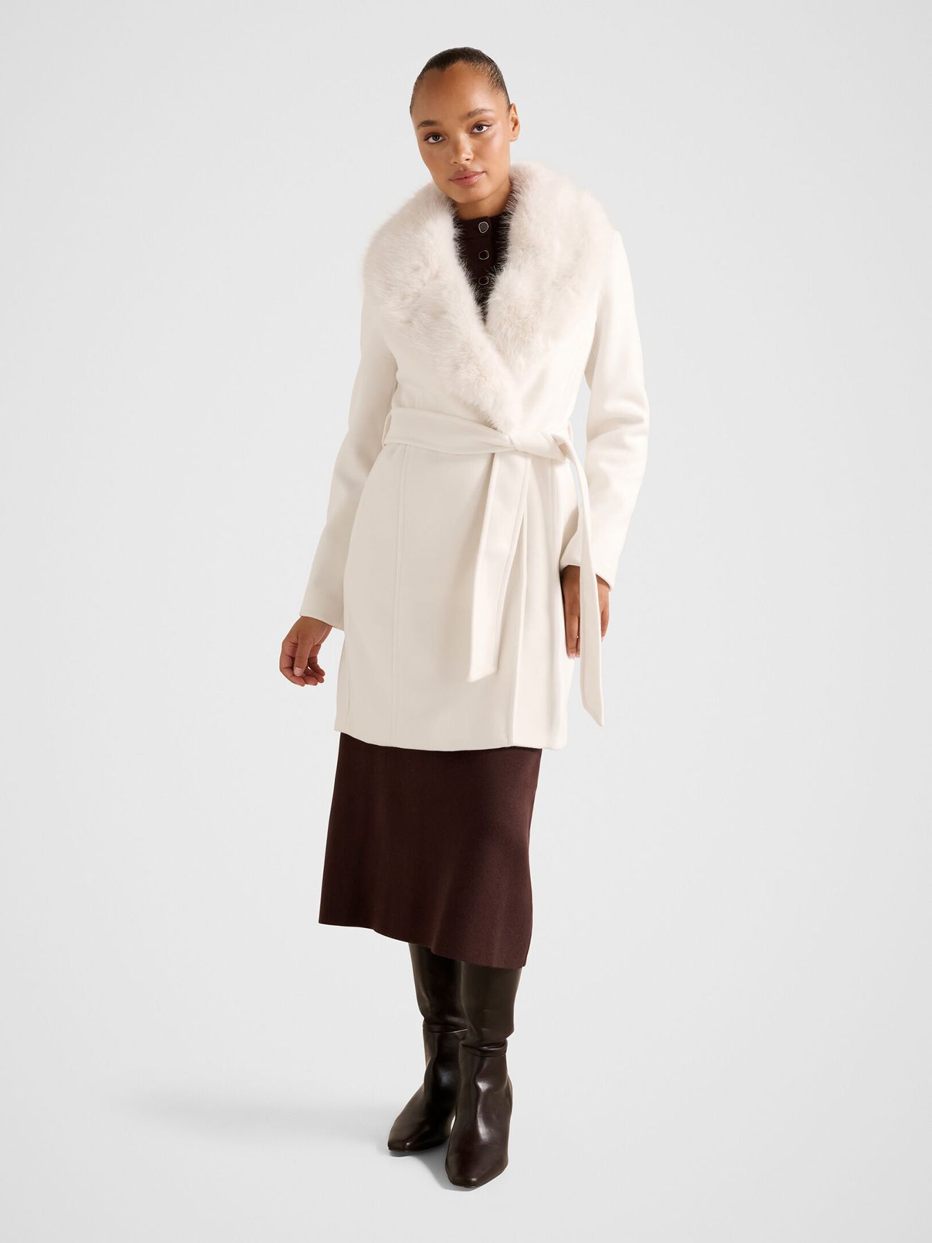 Rocky Faux Fur Collar Wrap Longline Coat Cream