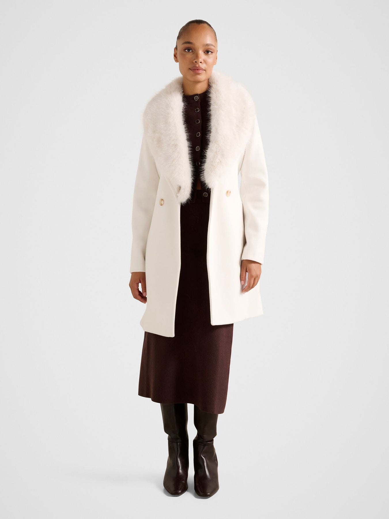 Rocky Faux Fur Collar Wrap Longline Coat Cream
