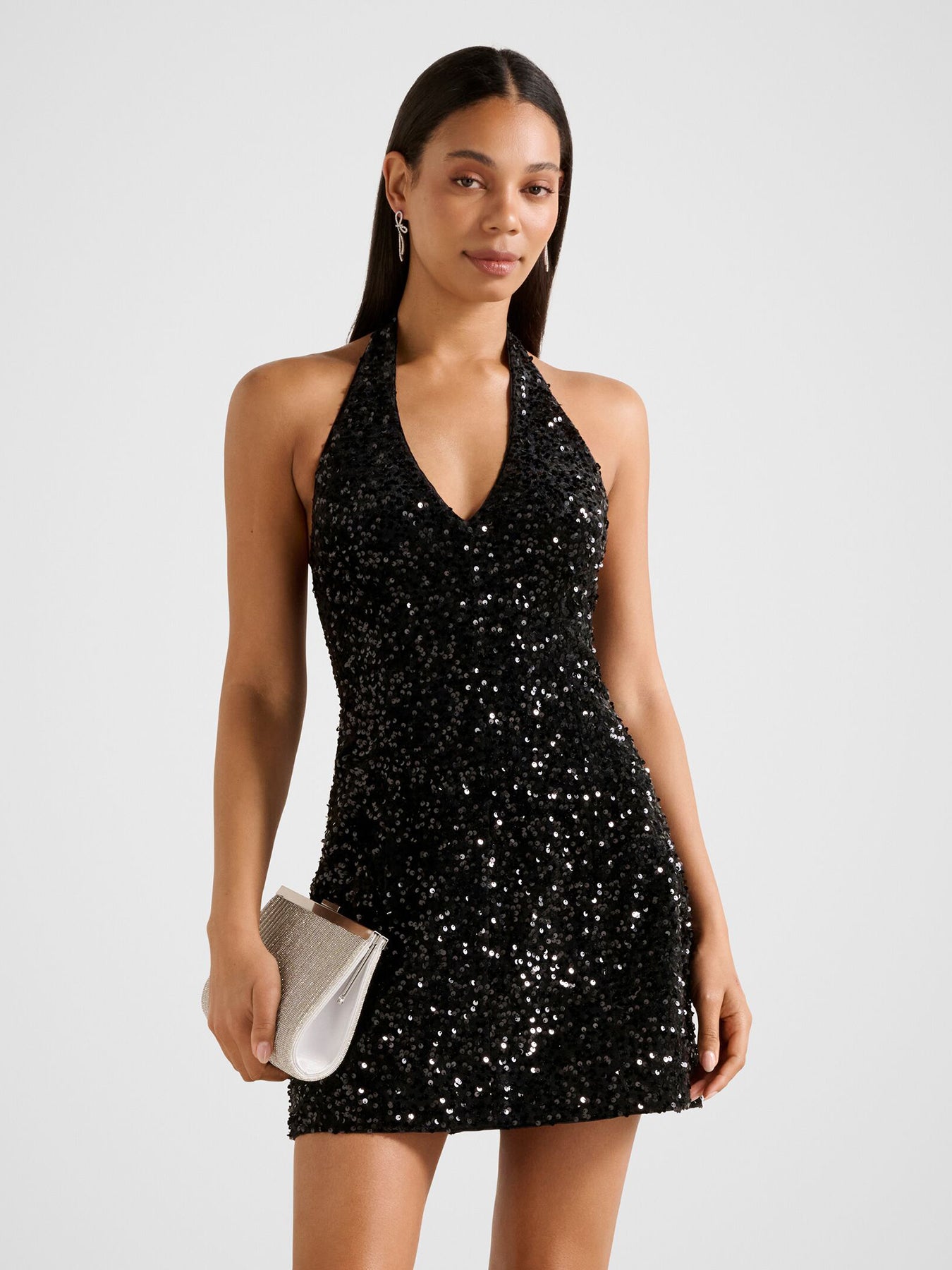Riley Sequin Halter Neck Mini Dress Black