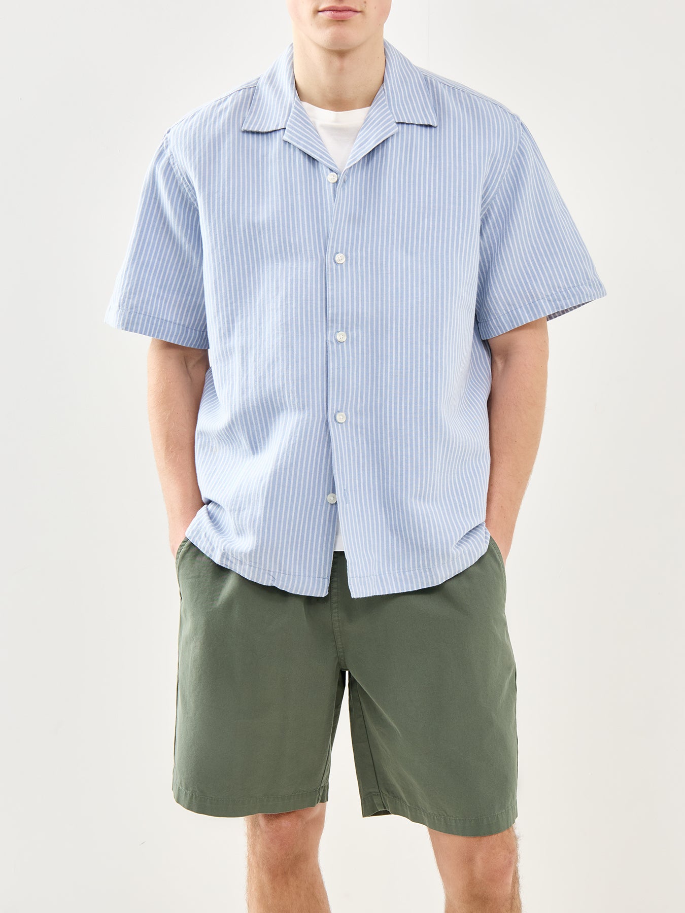 Relaxed Linen-Blend Short Sleeve Shirt Blue