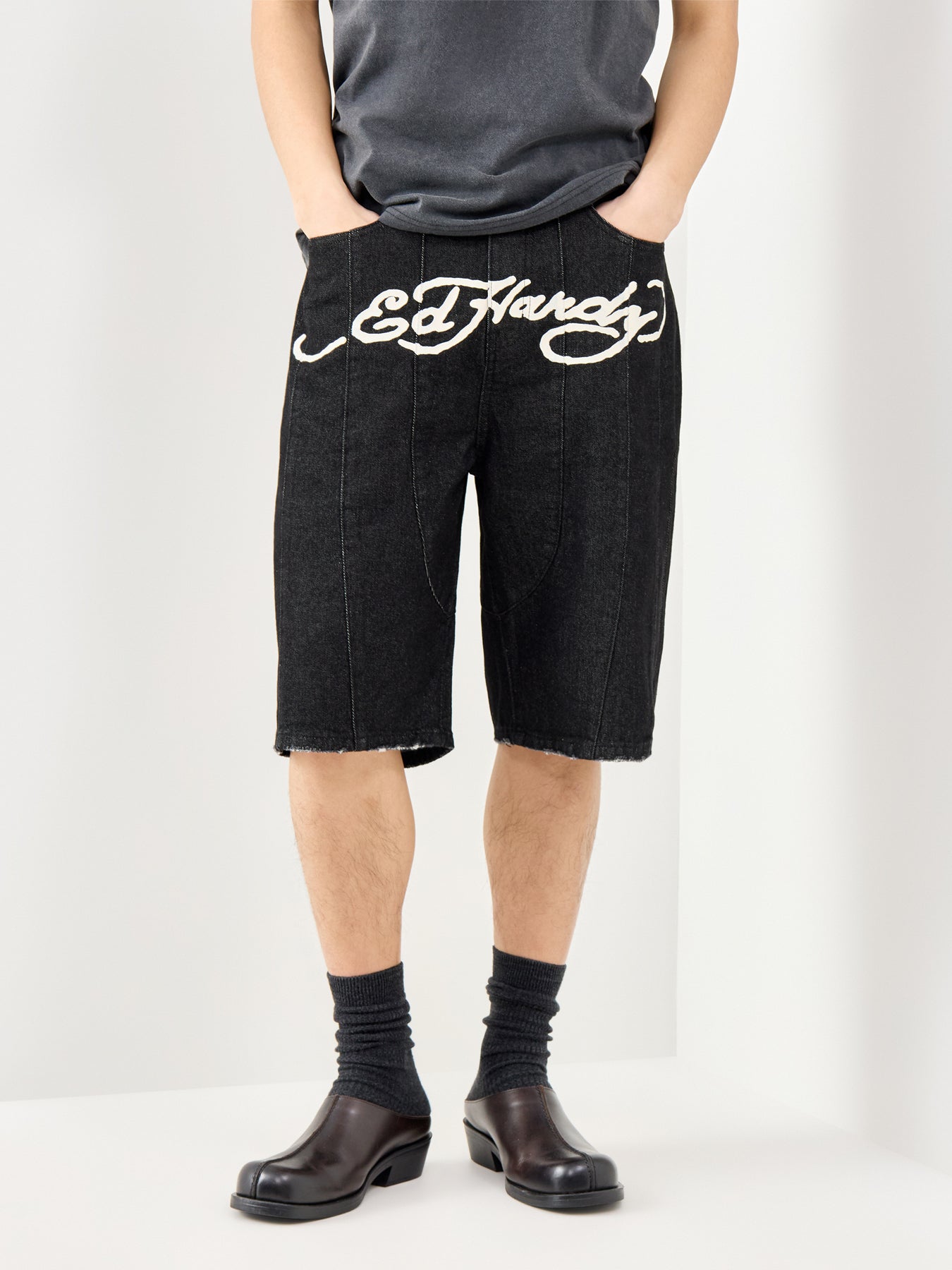 Moto Panelled Denim Jorts Black