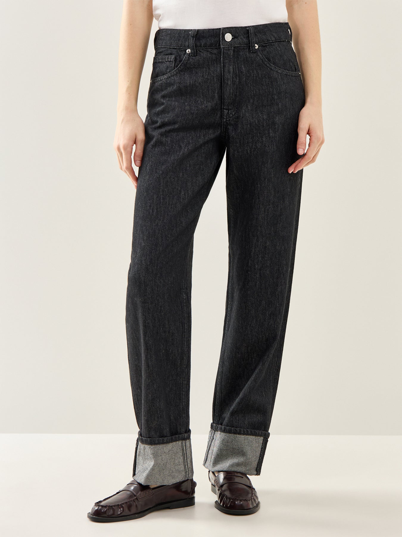 Straight Lyra-Bora Mid-Waist Fold-Up Jeans Black Denim