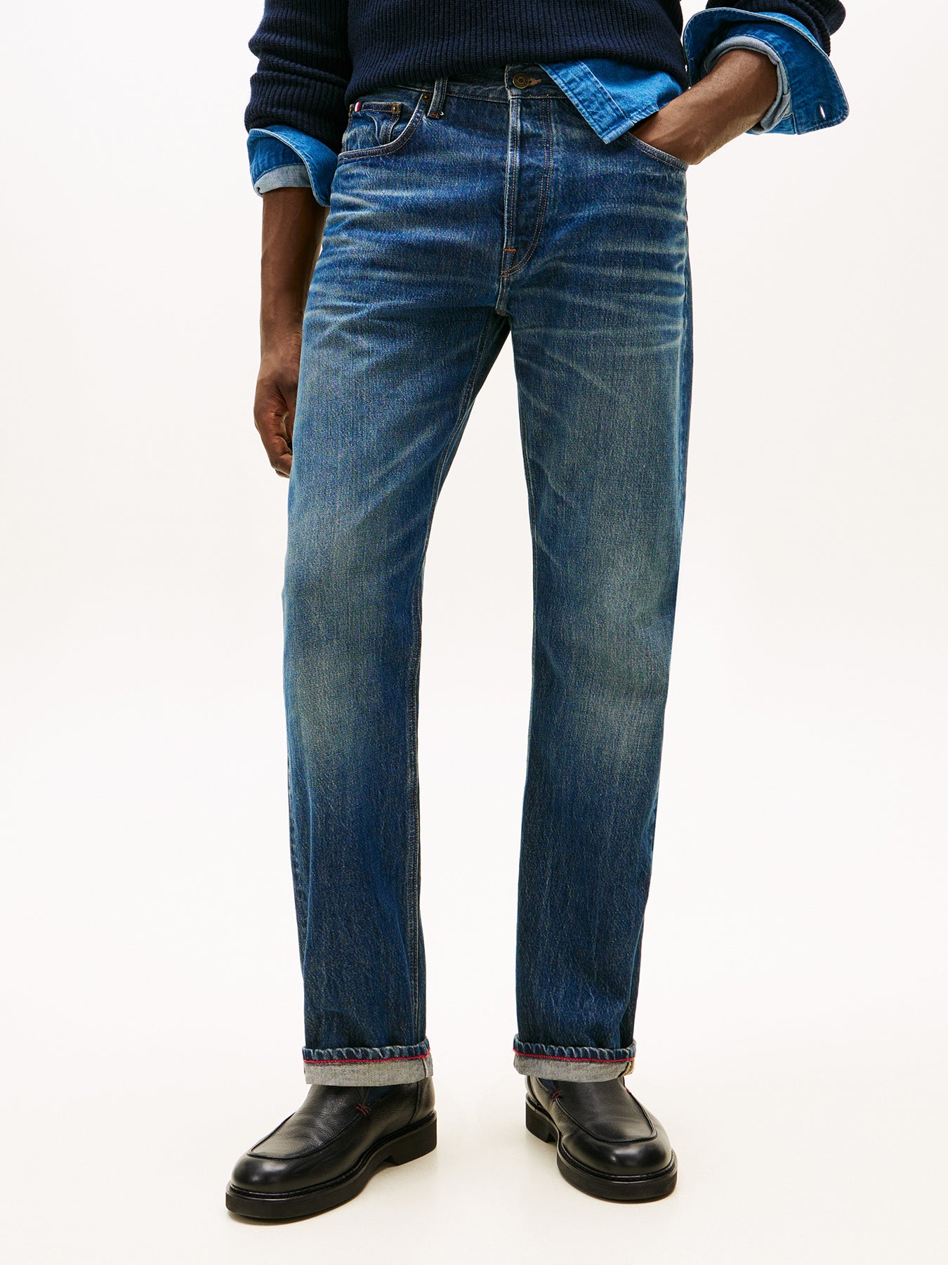 Whiskered Regular Straight Leg Jeans Blue