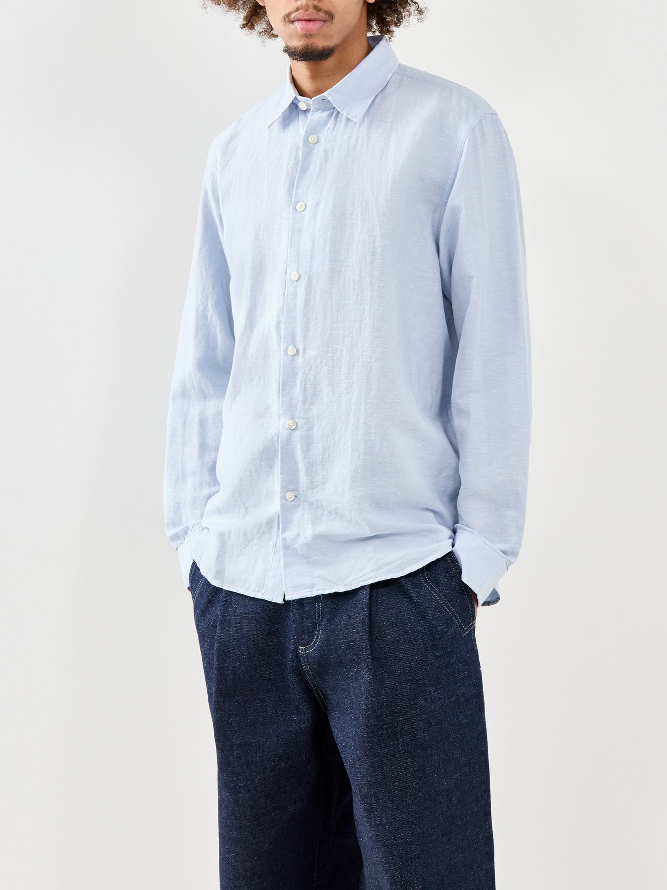 Linen-Blend Long Sleeve Shirt Blue