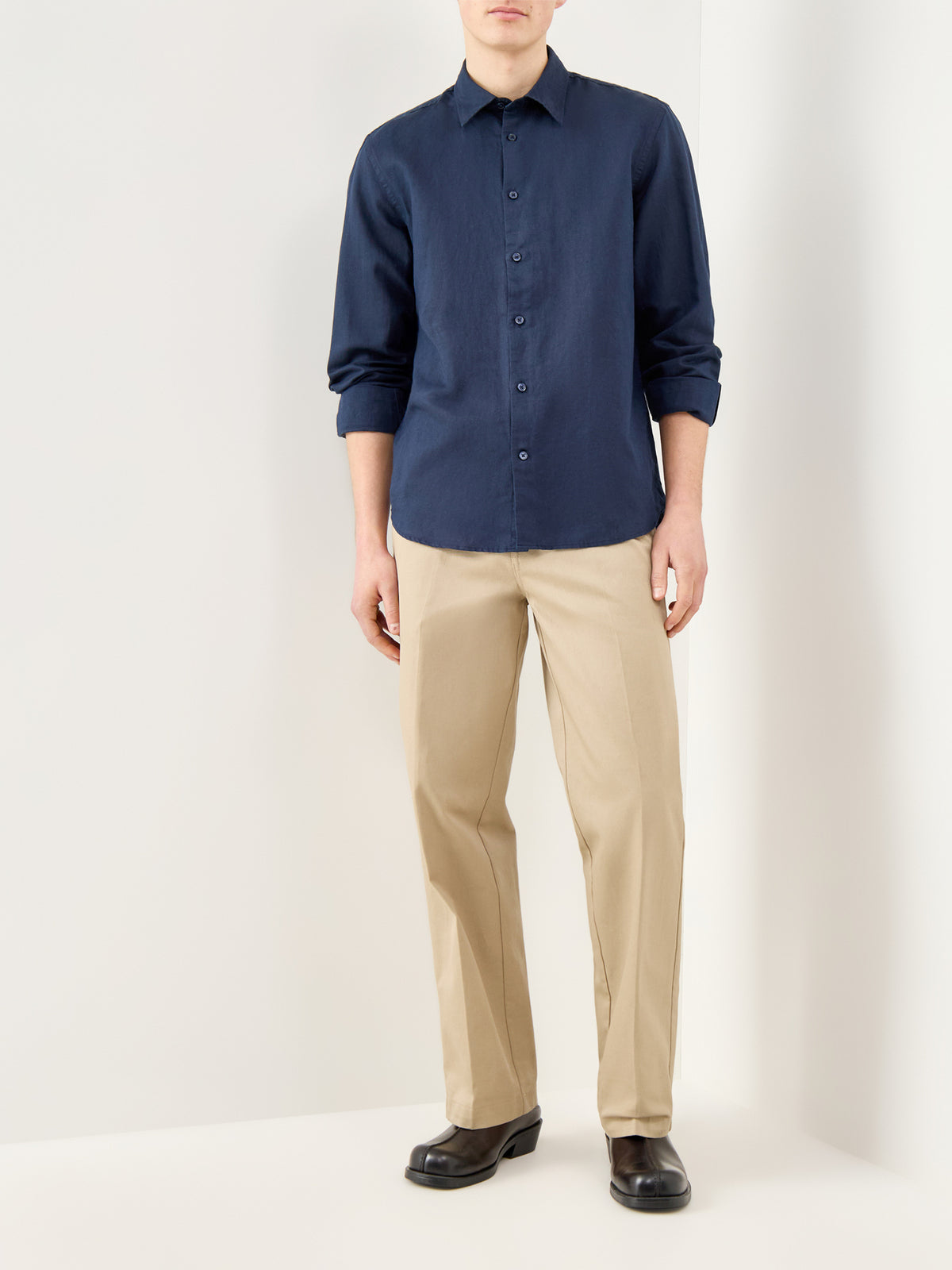 Linen-Blend Long Sleeve Shirt Navy