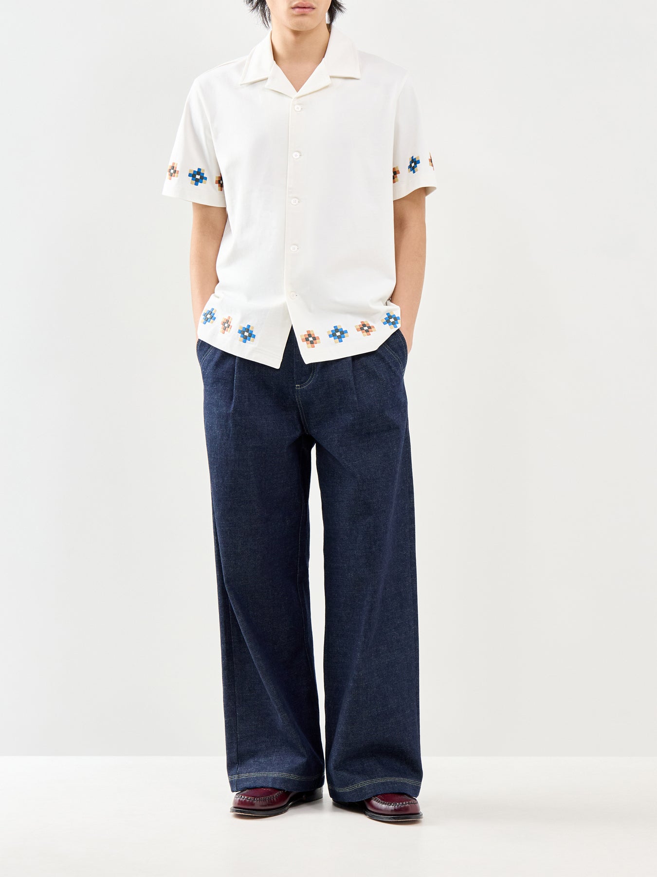 Tiles Embroidered Short Sleeve Shirt White