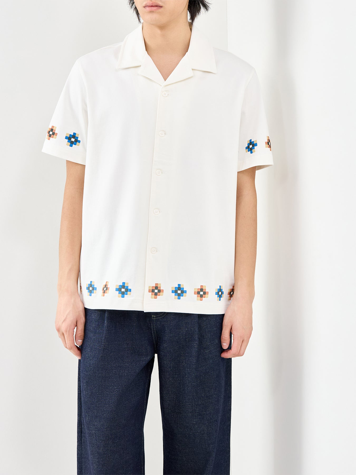 Tiles Embroidered Short Sleeve Shirt White