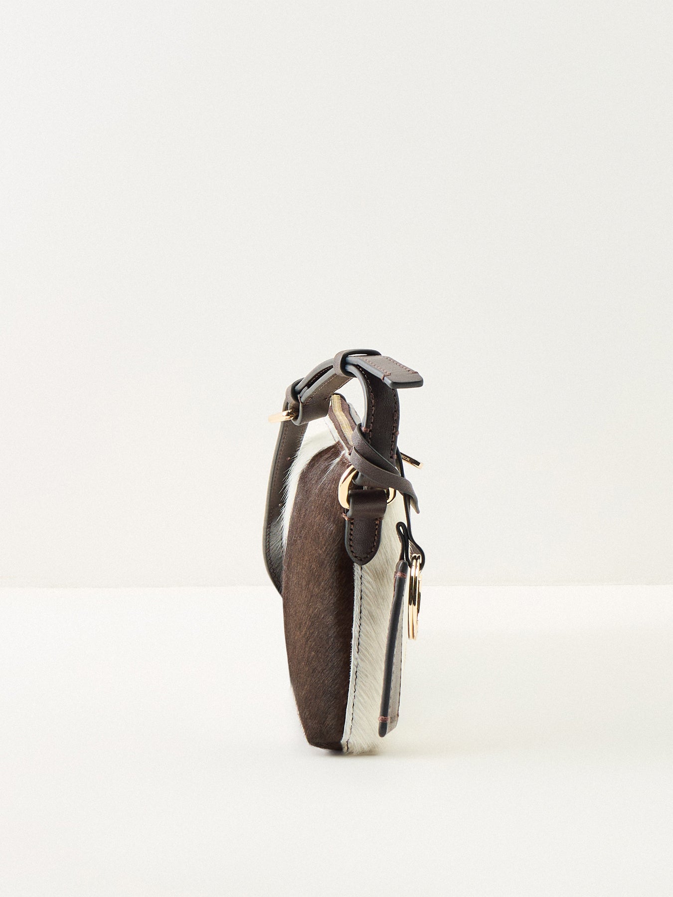 Pockets Cowhide Mini Zip Top Shoulder Bag Brown