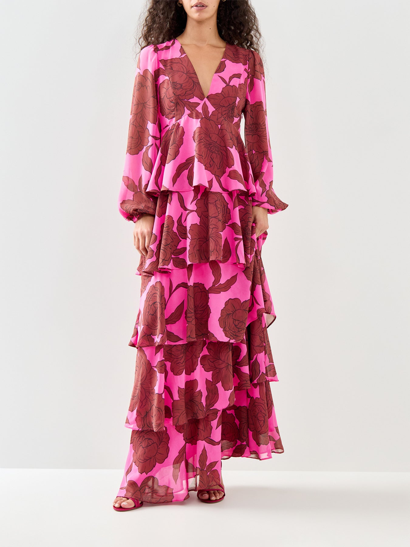 Ashton Ruffle Maxi Dress Fuchsia Brown
