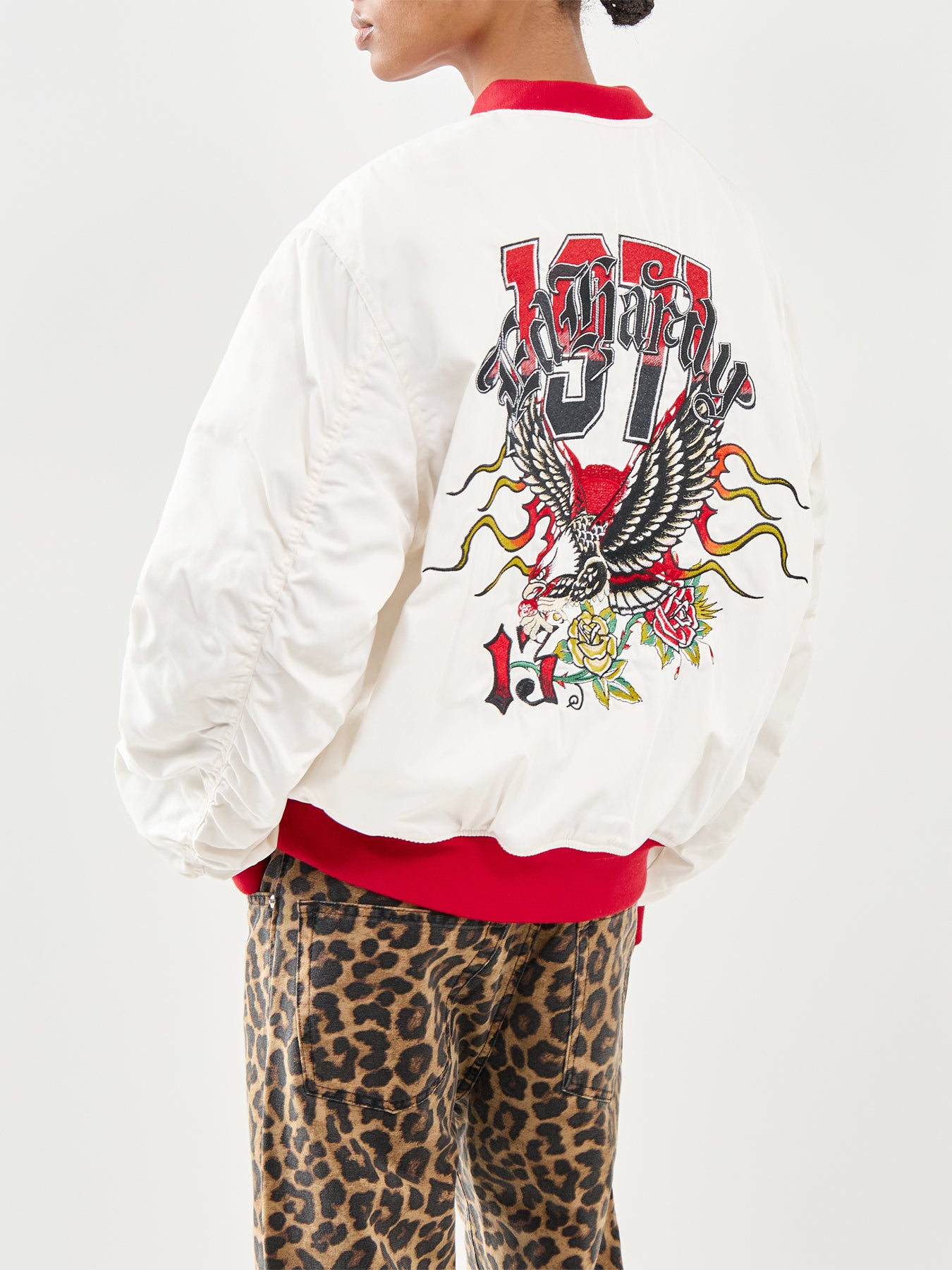 Gothic Flaming Eagle Bomber Jacket Cream