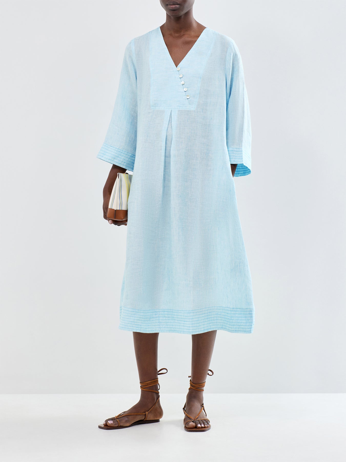 Linen Ticking Stripe LS Midi Dress