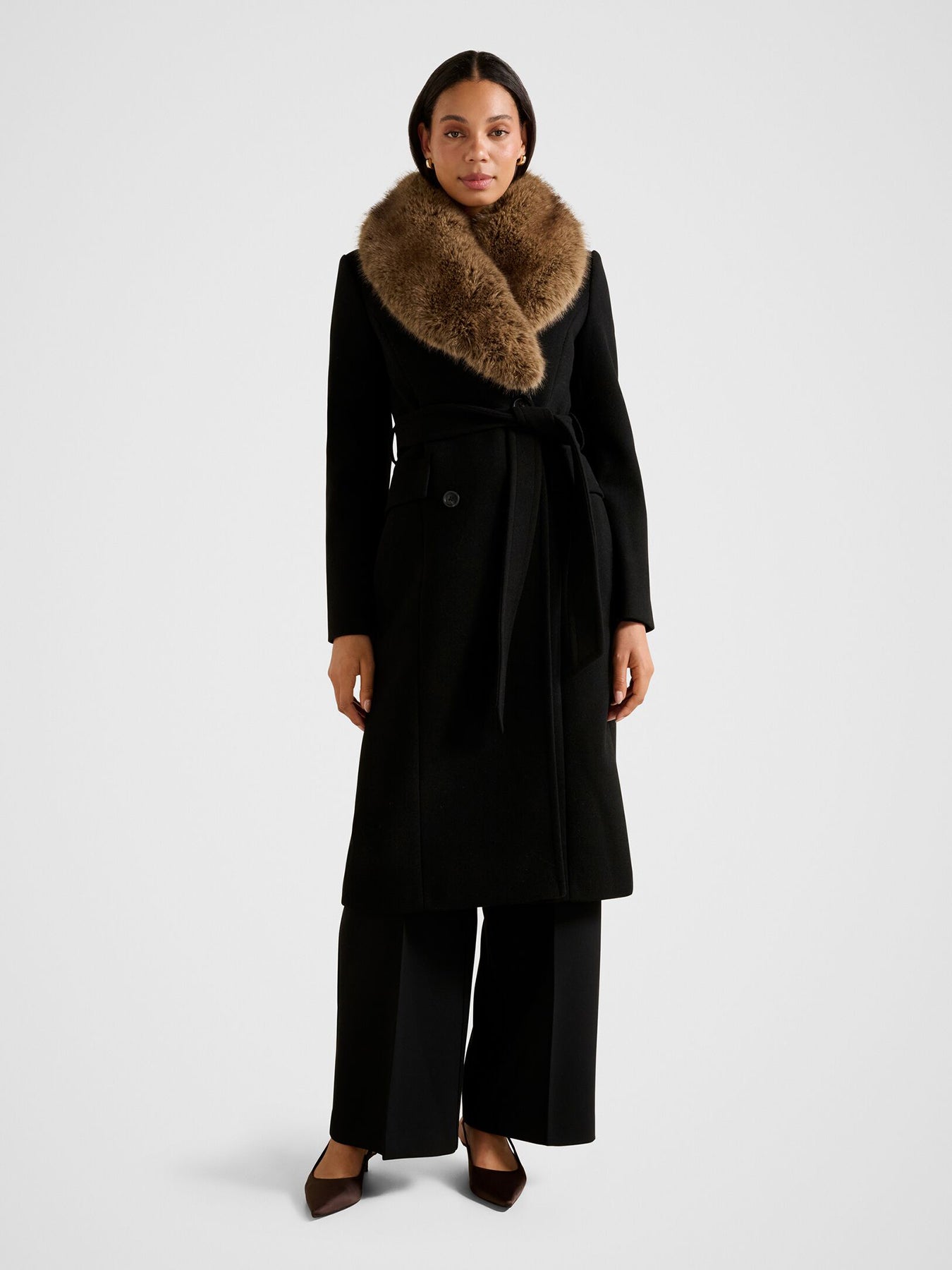 Chelsea Double Breasted Fur Collar Coat Black