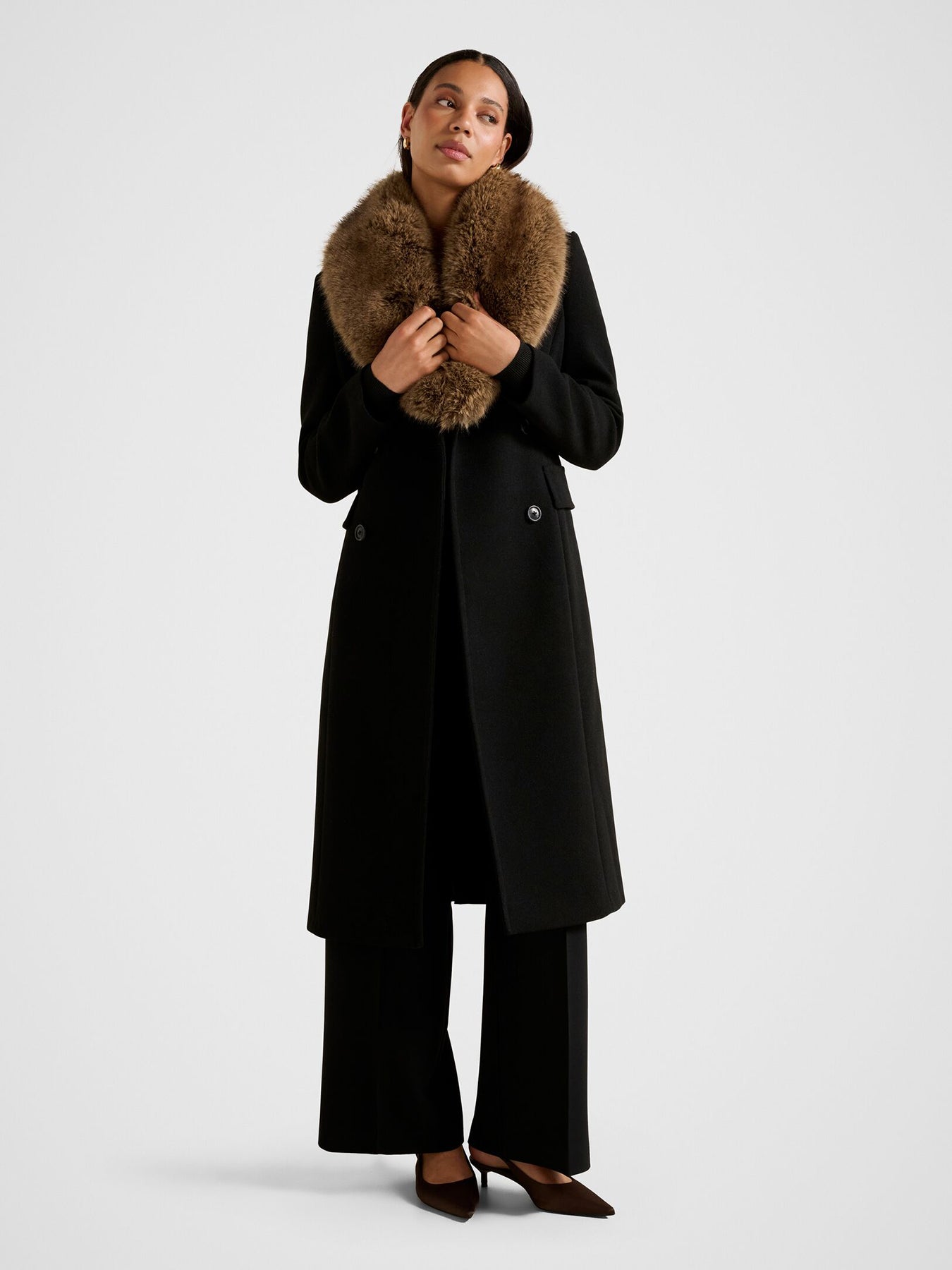 Chelsea Double Breasted Fur Collar Coat Black