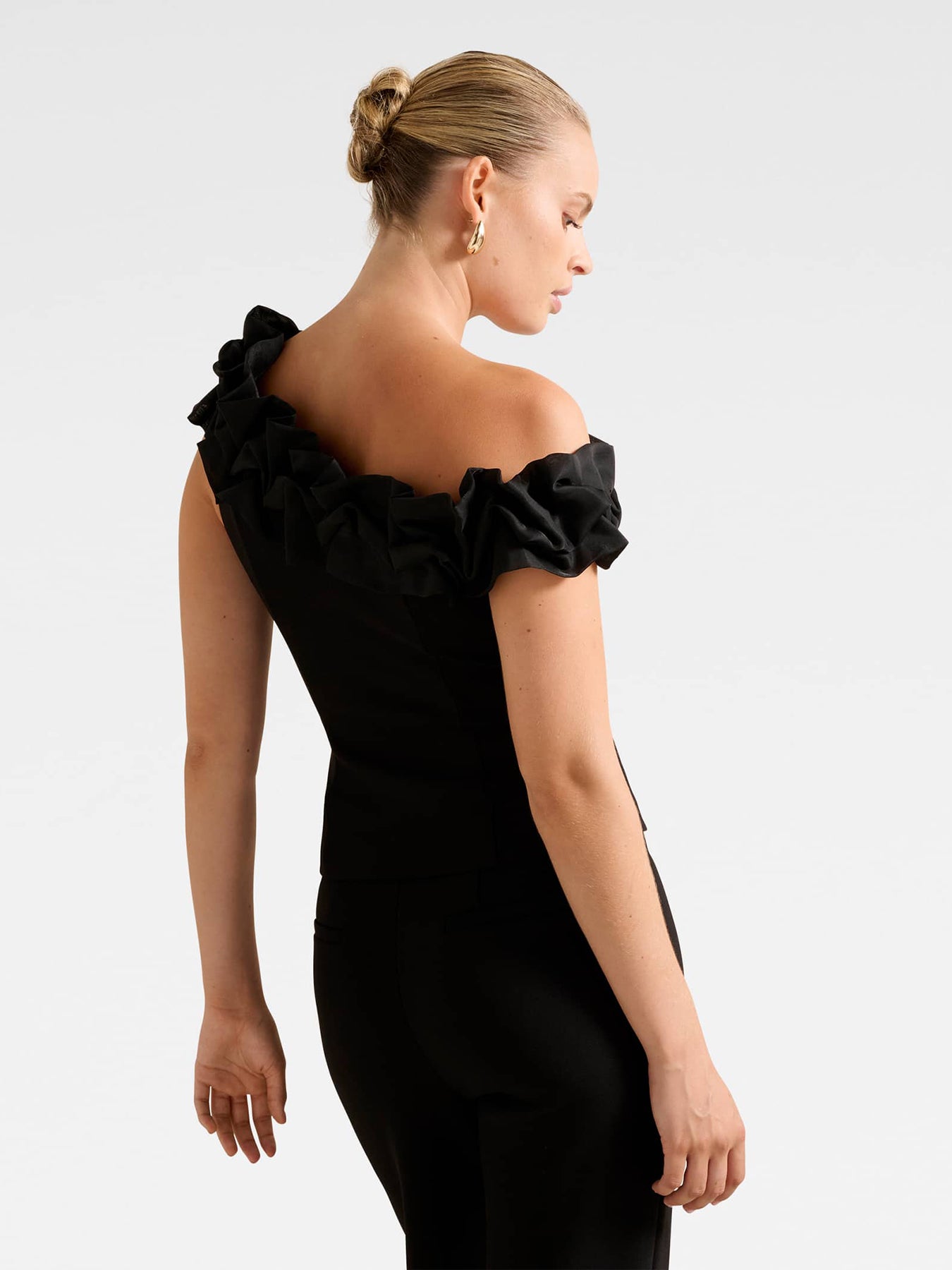 Sadie Tipped Shoulder Ruffle Top Black