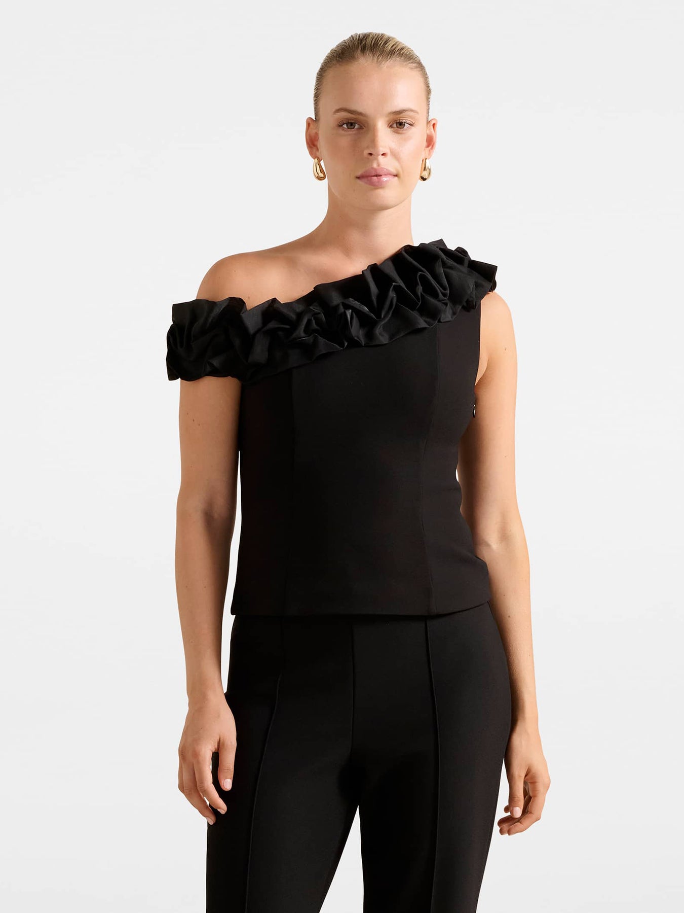 Sadie Tipped Shoulder Ruffle Top Black