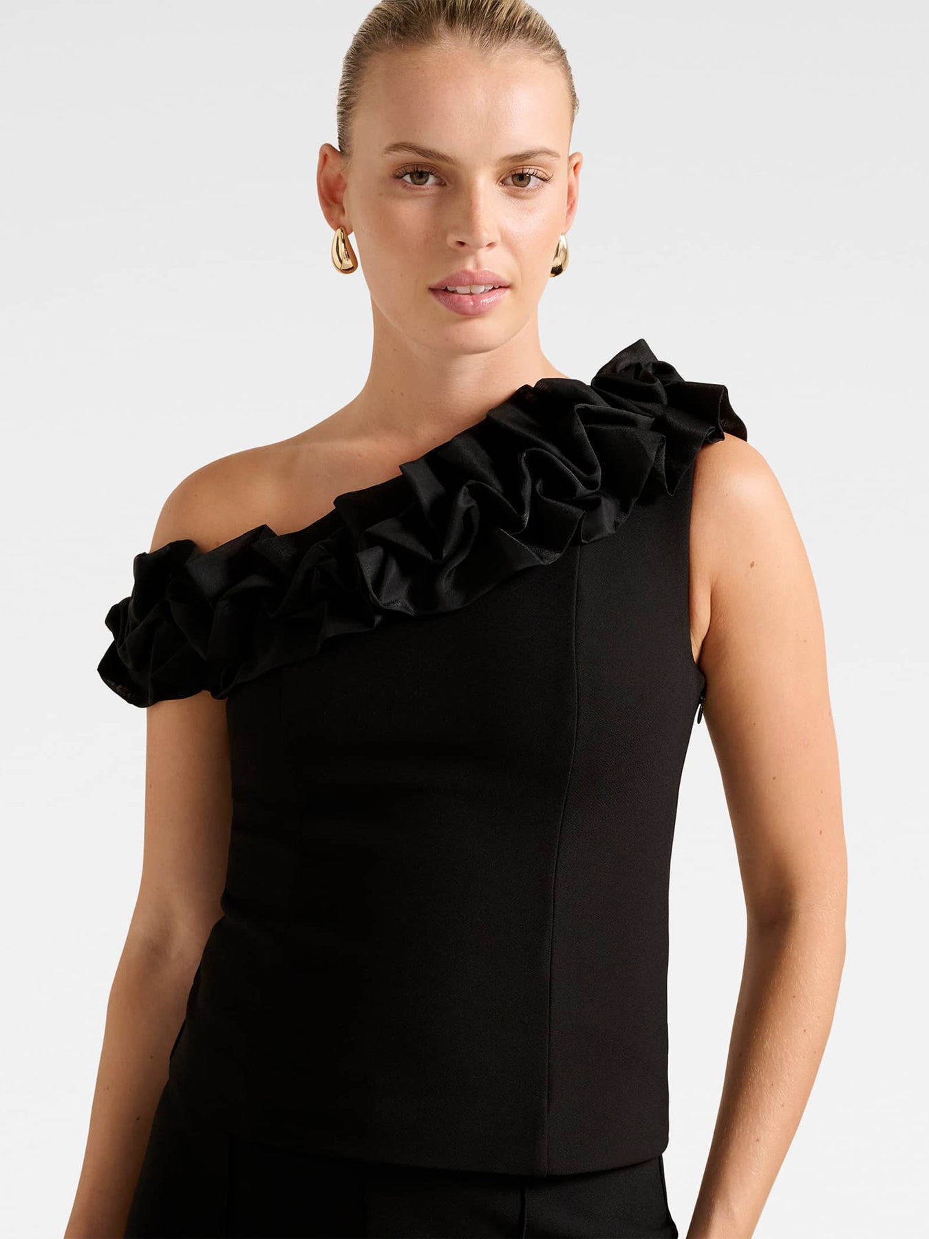Sadie Tipped Shoulder Ruffle Top Black