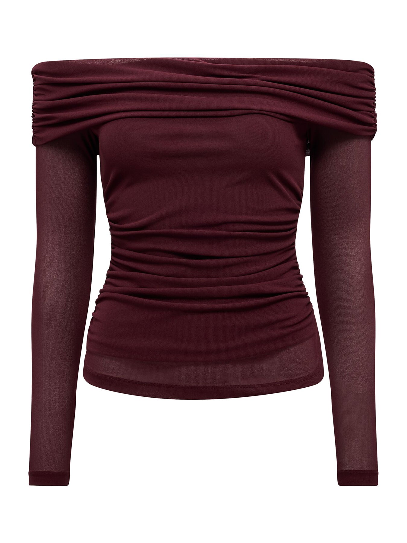 Kaia Ruched Mesh Bardot Neck Top Red