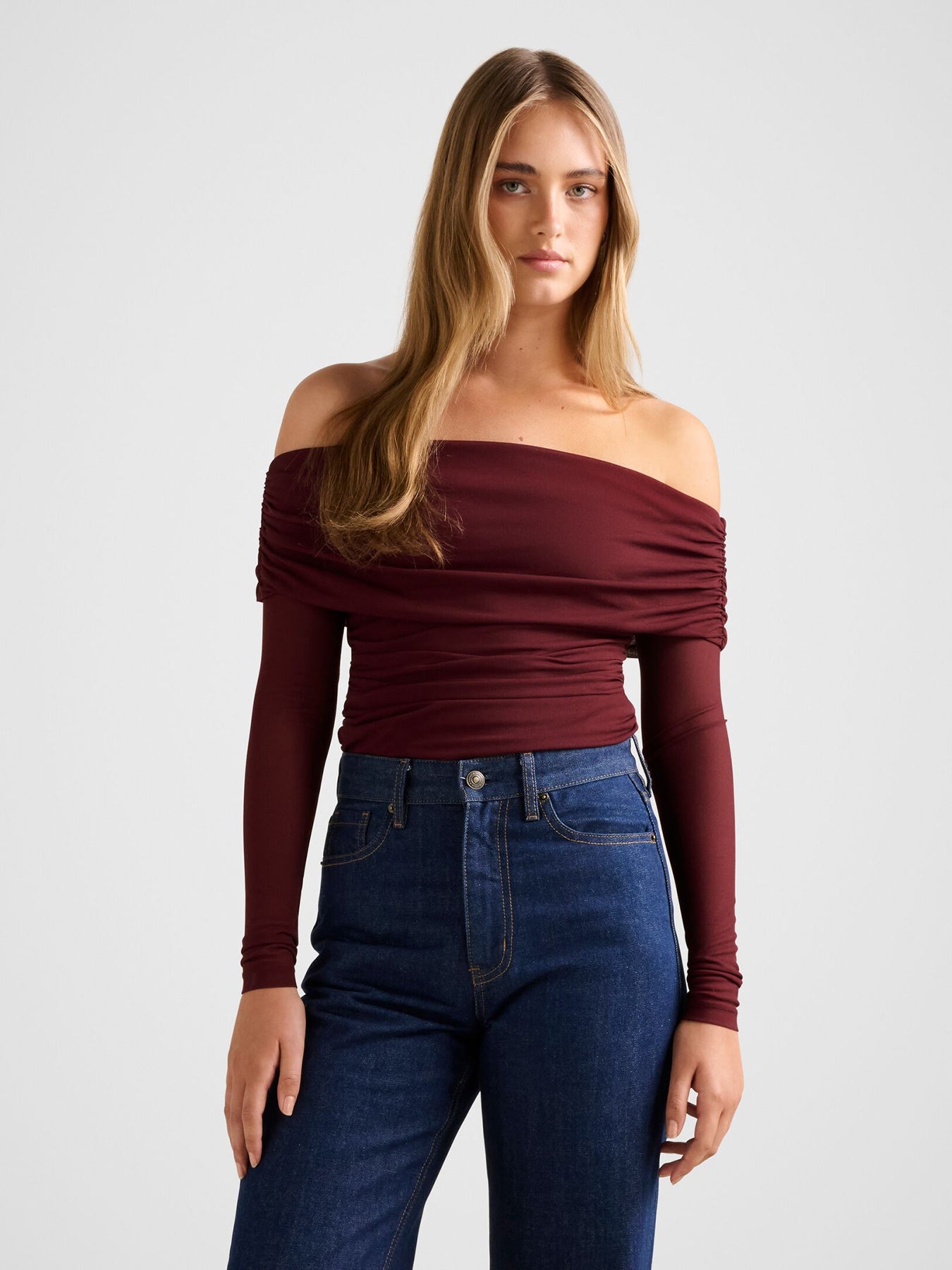 Kaia Ruched Mesh Bardot Neck Top Red