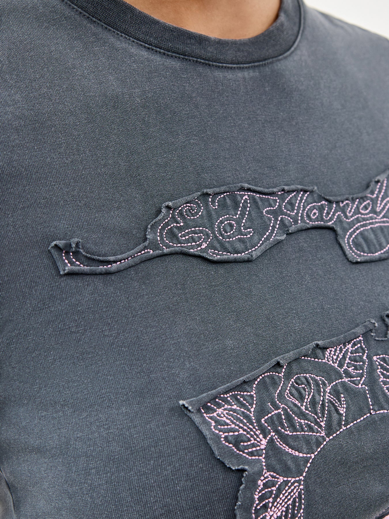 Floral Skull Self Applique Cap Sleeve Tee Grey