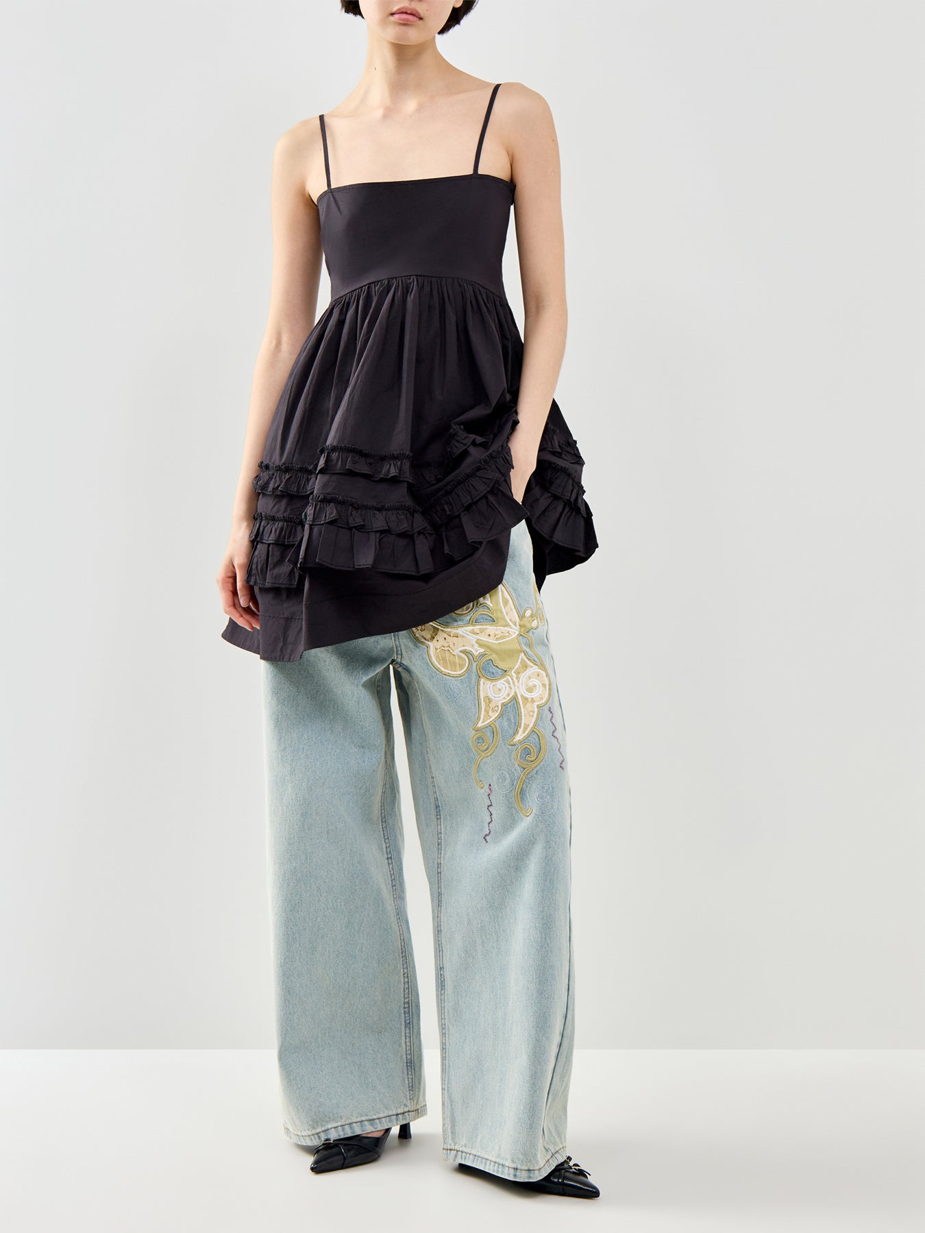 Antique Butterfly Baggy Jeans Blue