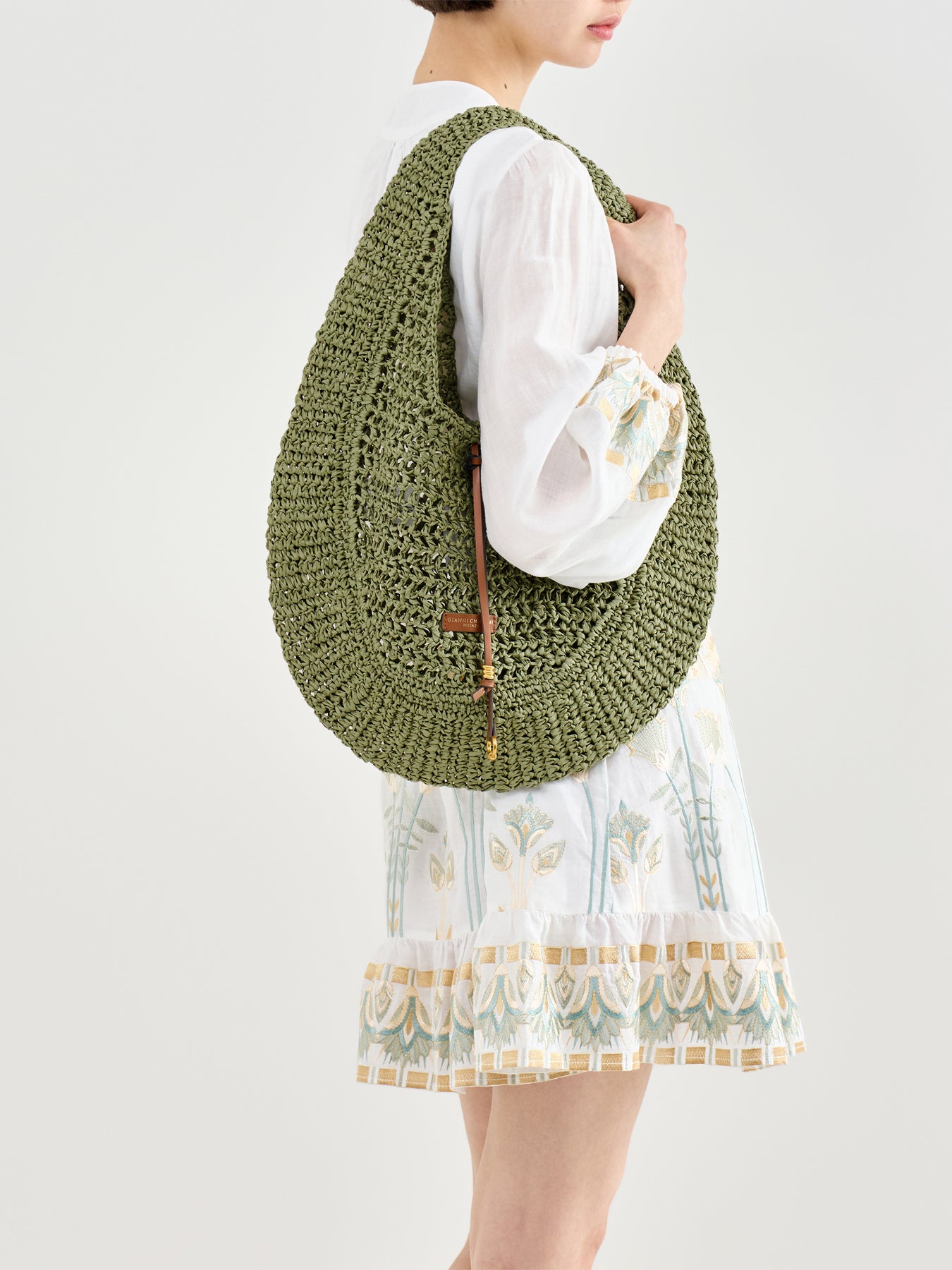 Nefeli Round Paper Straw Shoulder Bag Green
