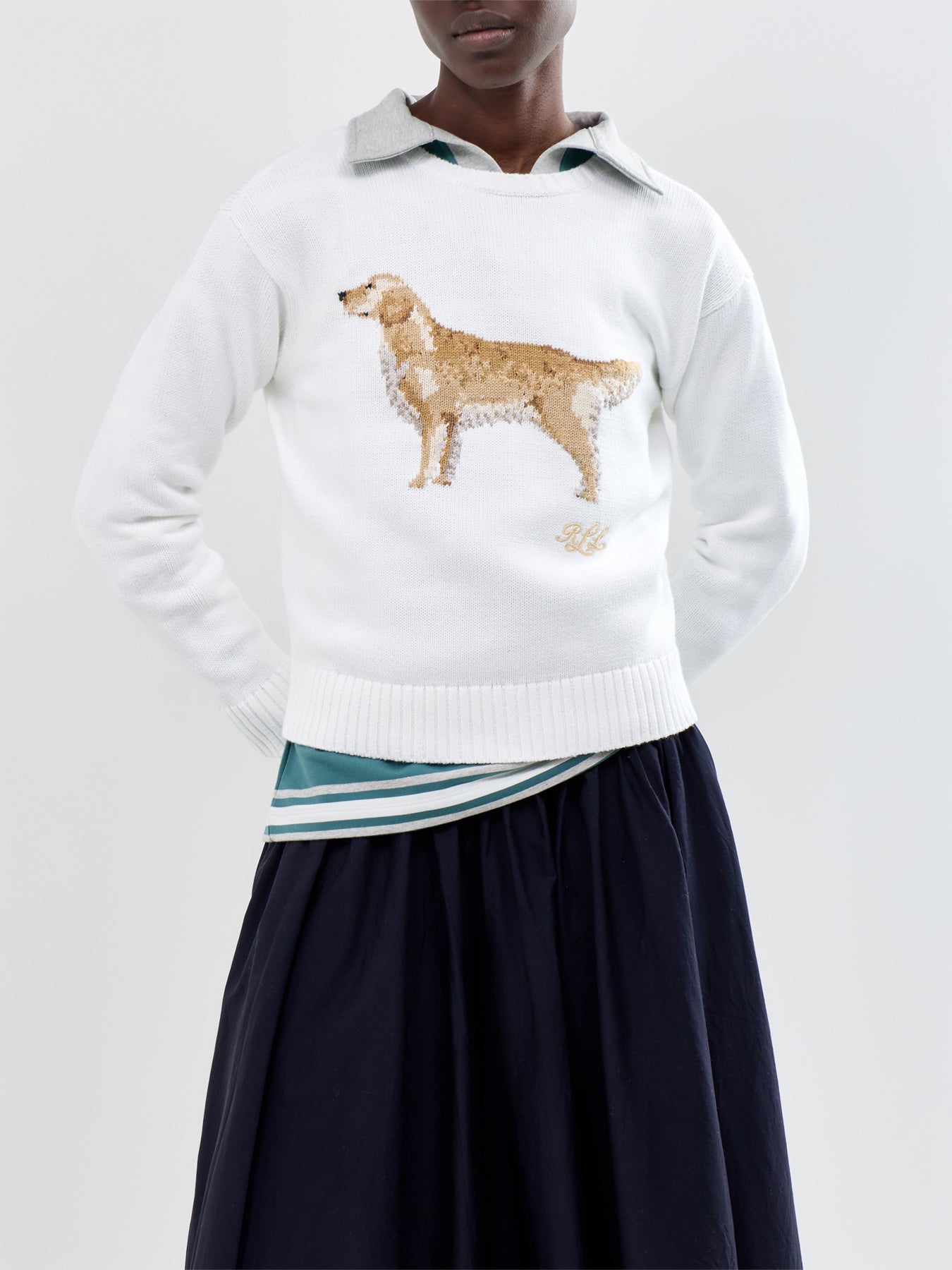 Dog Print Crew Neck Sweater Cream