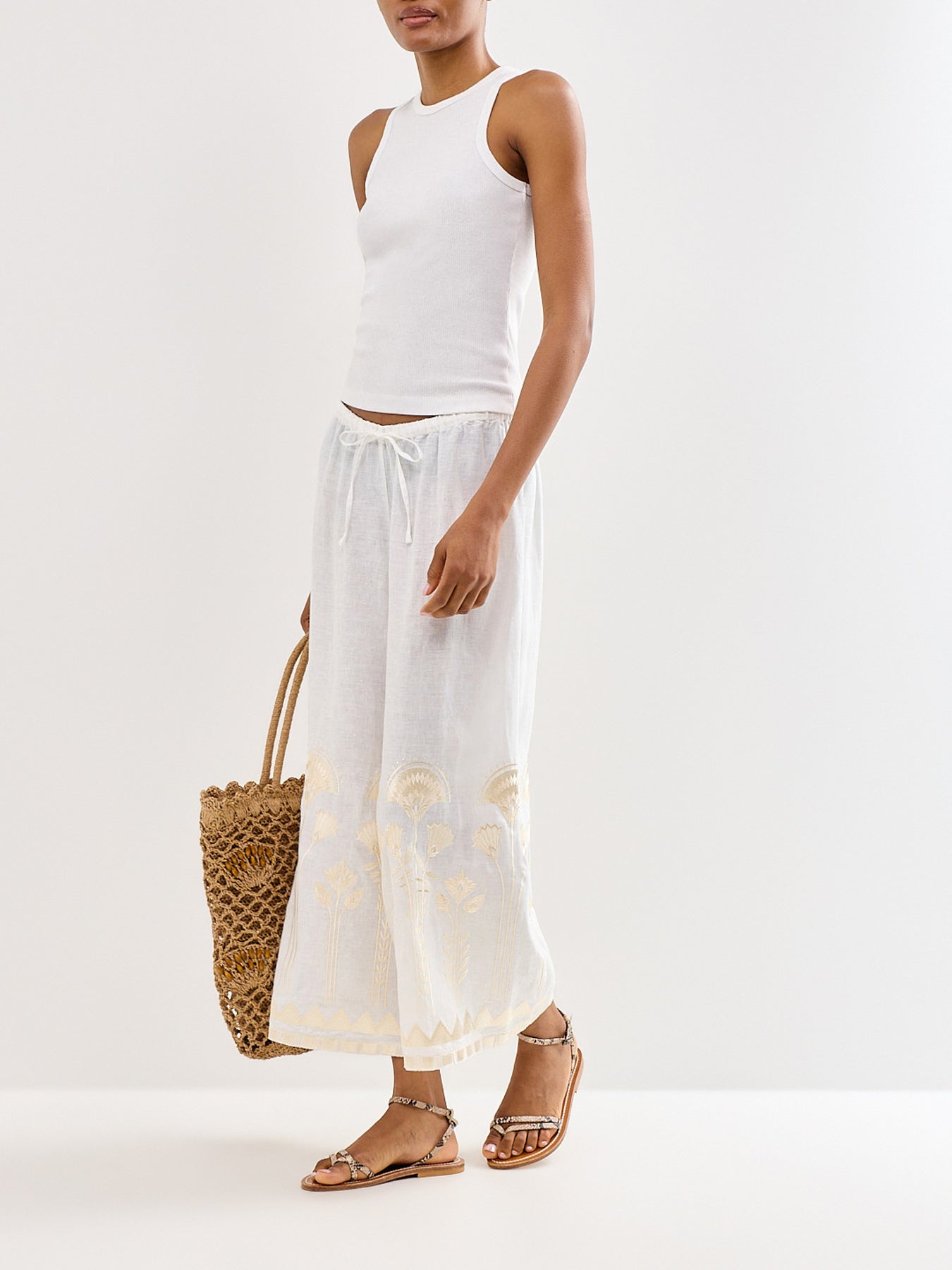 Papyrus Wide Leg Cropped Linen Trouser White