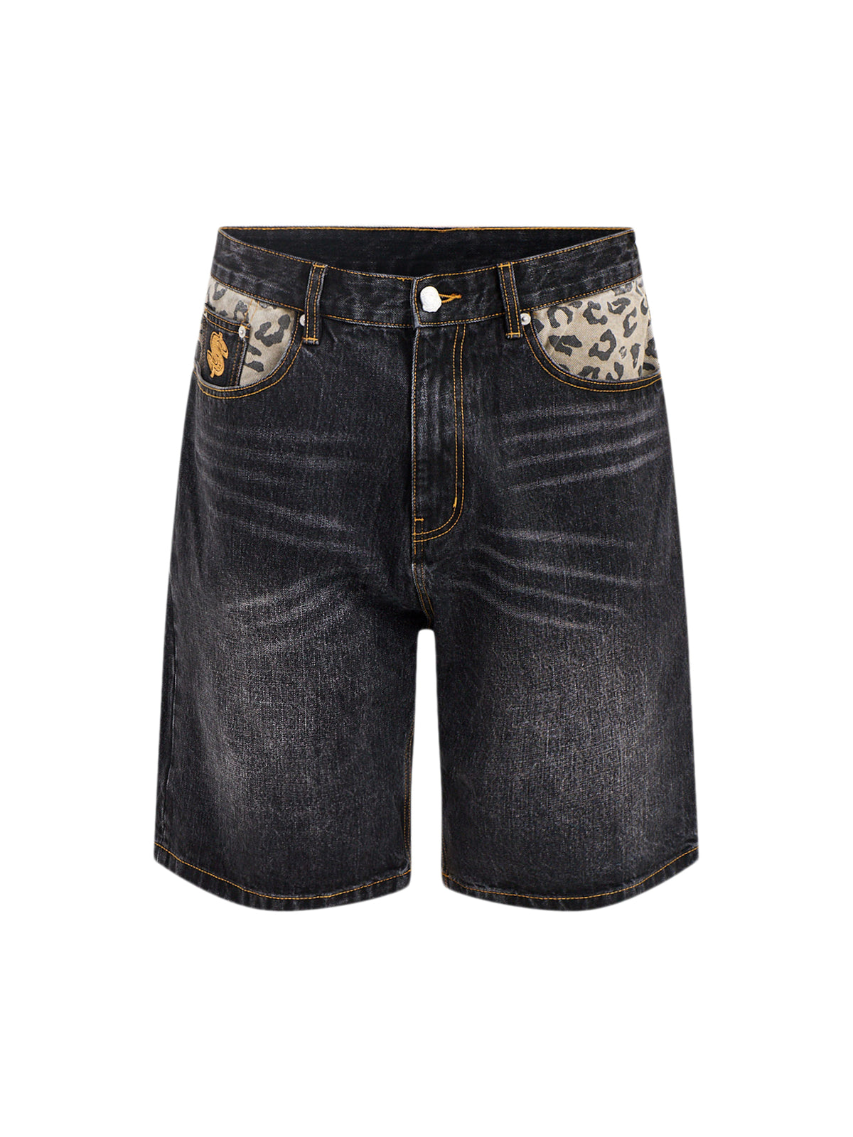 Leopard Print Panel Astro Denim Shorts Black