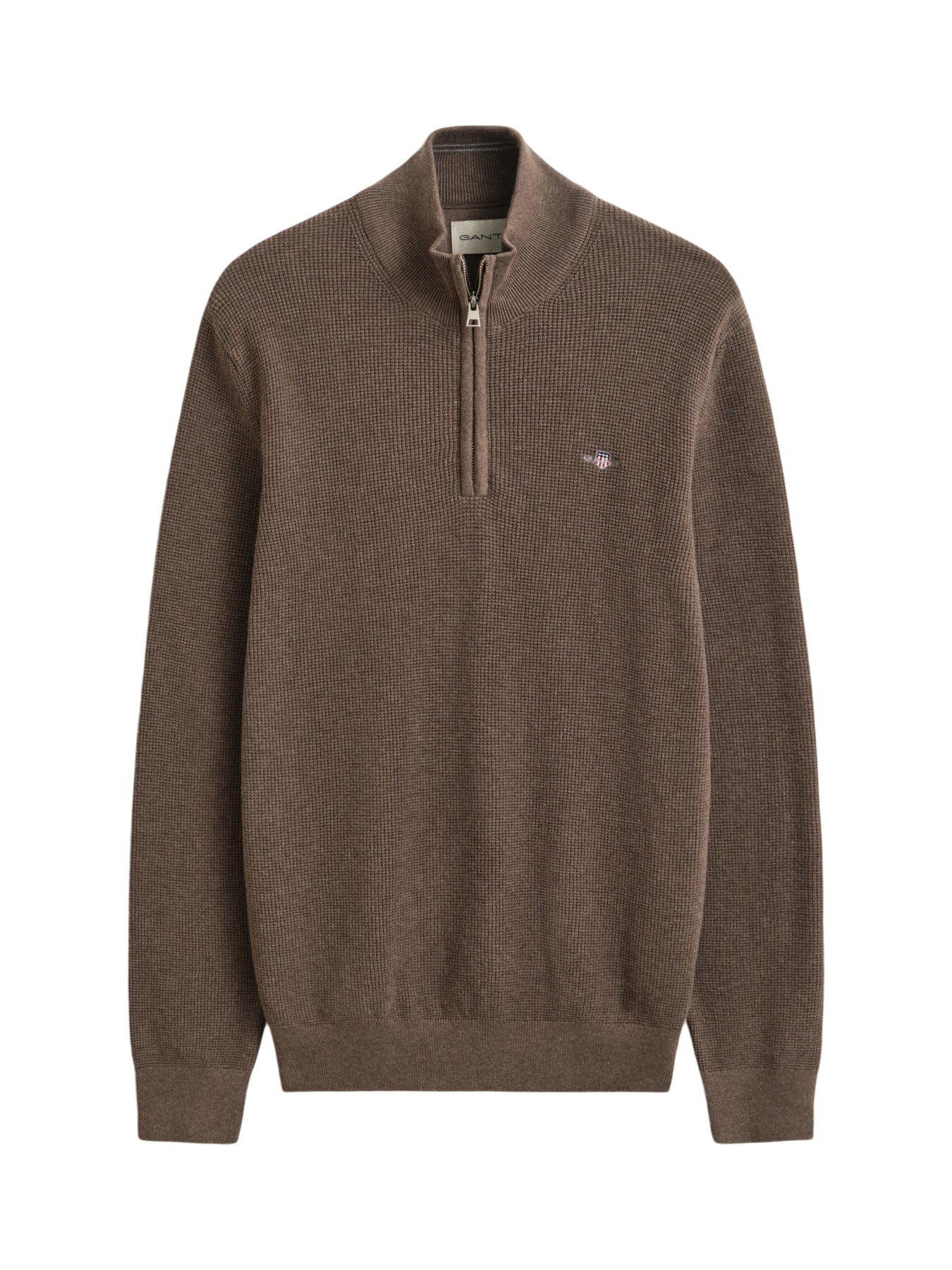 Micro Textured Cotton Half Zip Jumper Brown