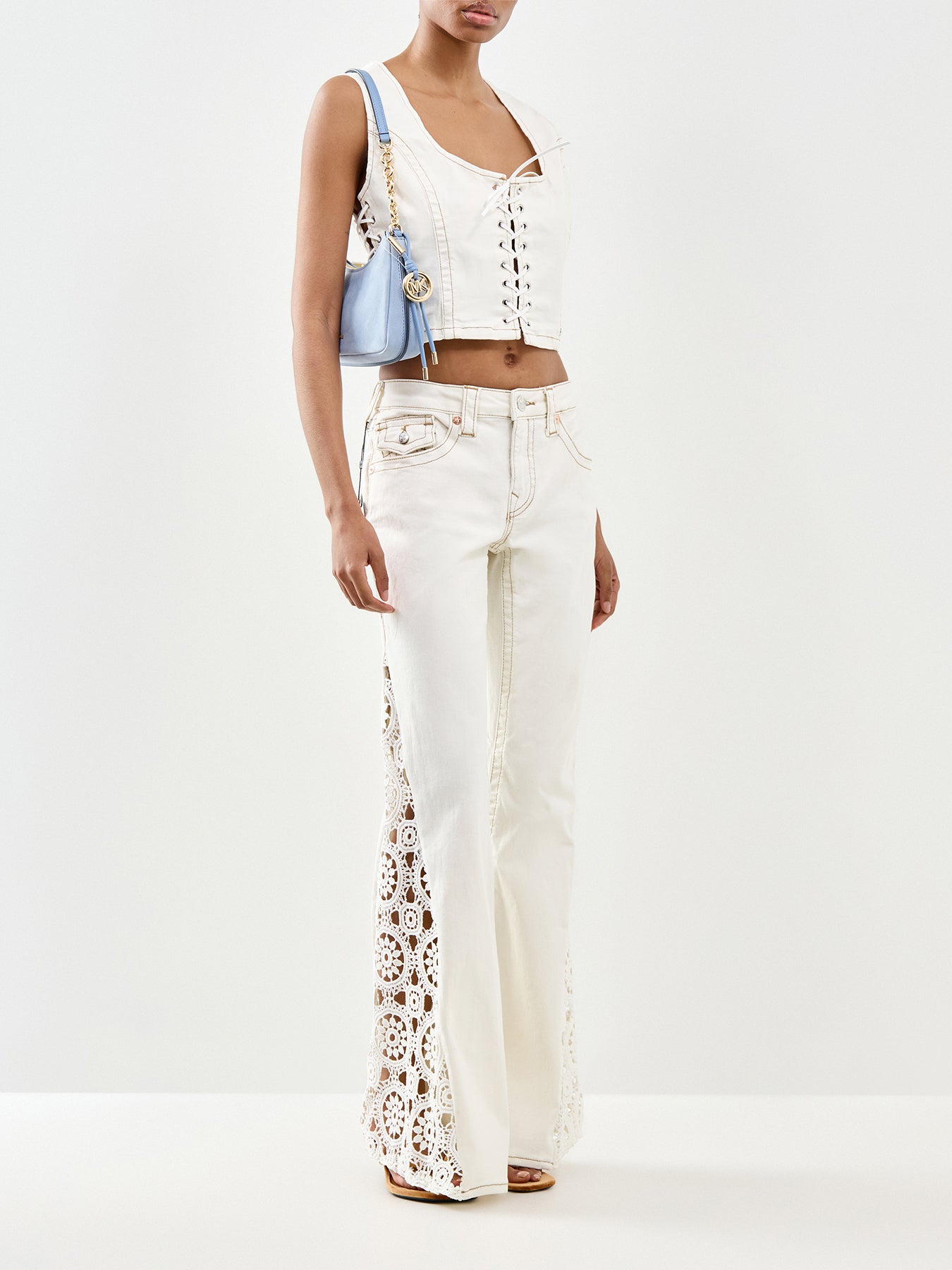 Crochet Mid Rise Flare Flap Jeans White
